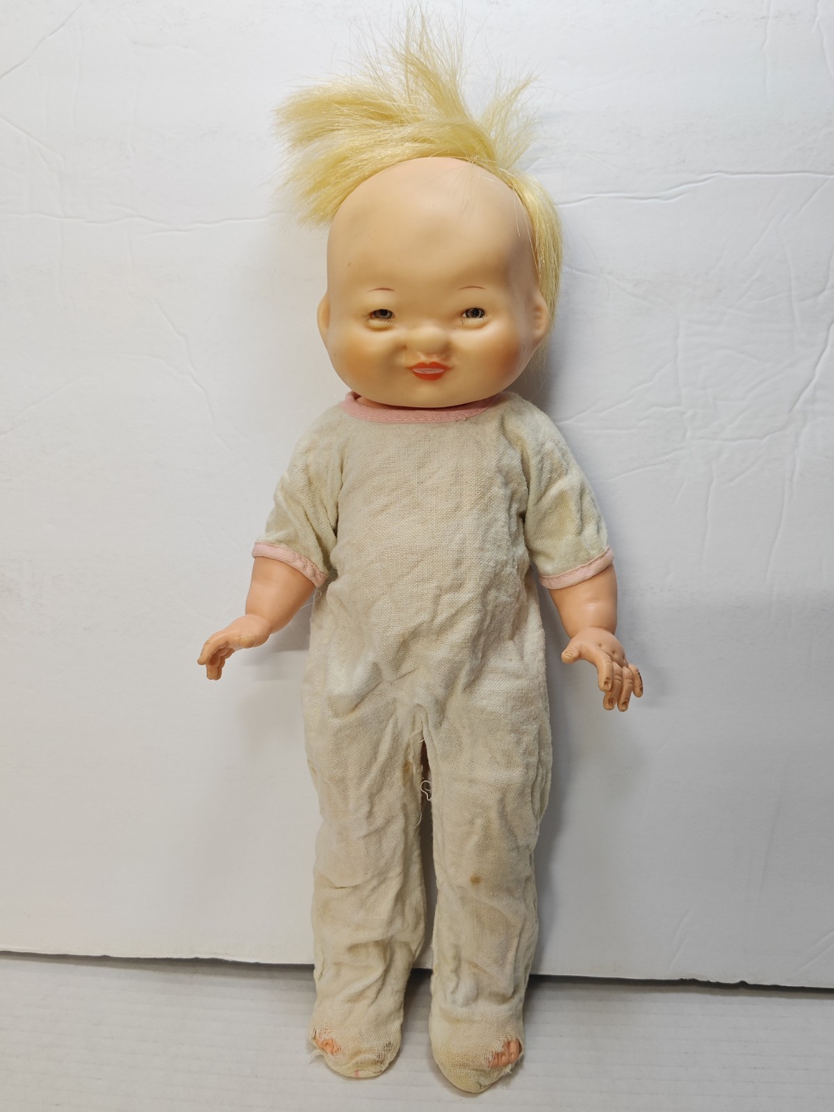 Vintage 1958 Horsman Perthy Percy Vinyl Jointed Asian Baby Doll 13″ W/ Outfit
