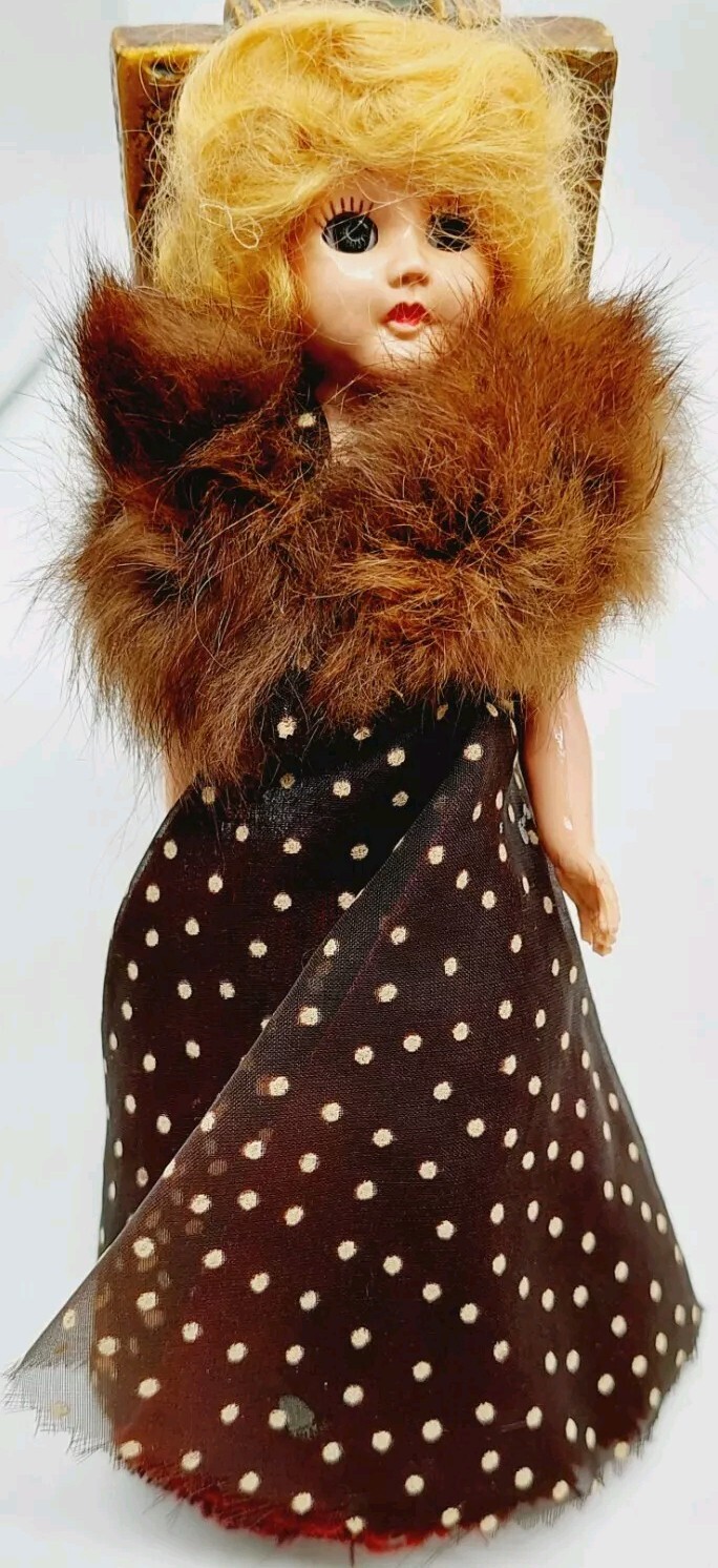 Vintage Girl Doll Sleepy Eyes Blonde Hair Brown Polka Dot Dress 6″ READ
