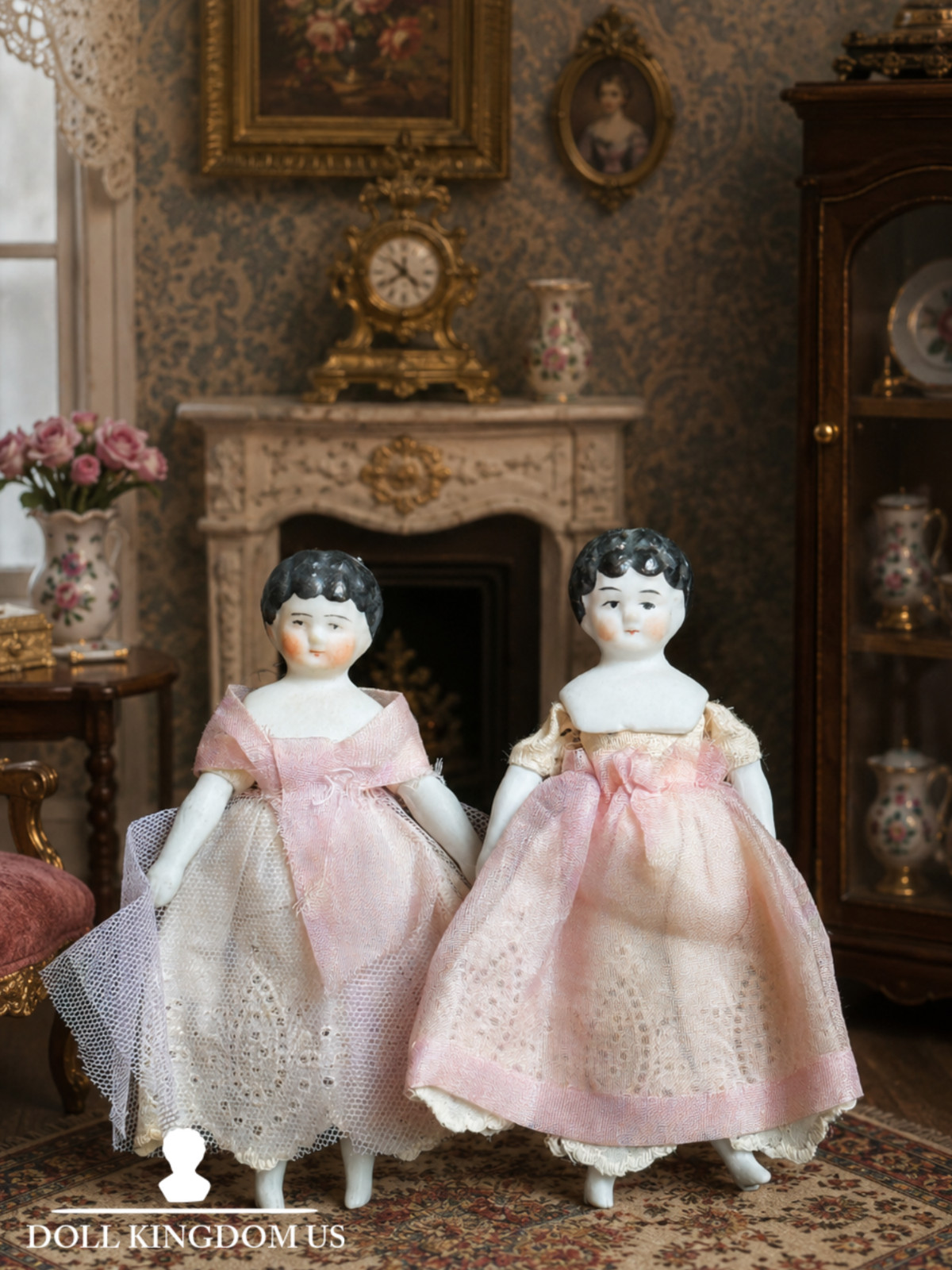Lot of 2 Antique German 4″-4.25″ Bisque Cloth Miniature Dollhouse China Dolls
