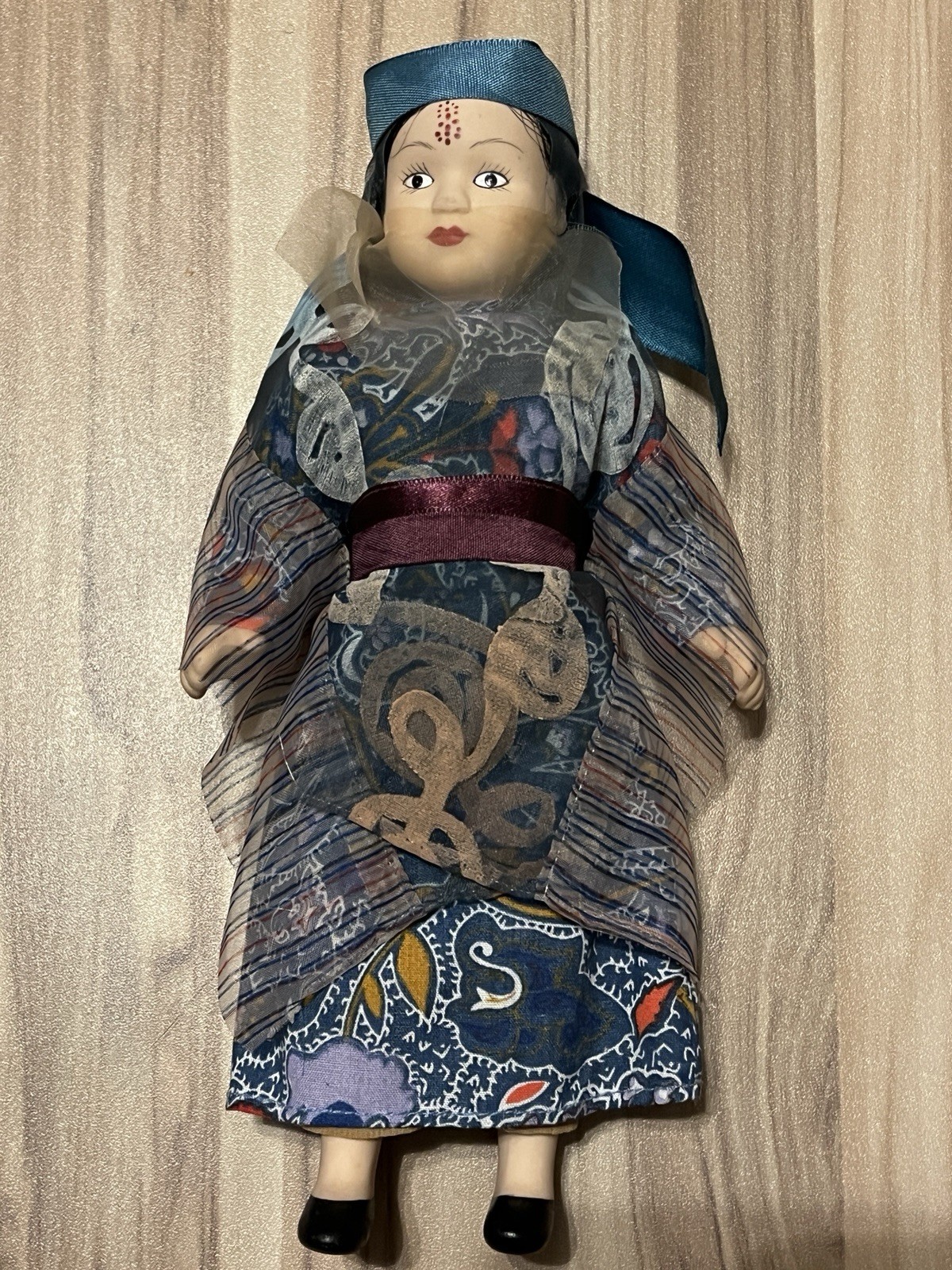 Handcrafted Doll with Blue and Red Outfit and Blue Dress