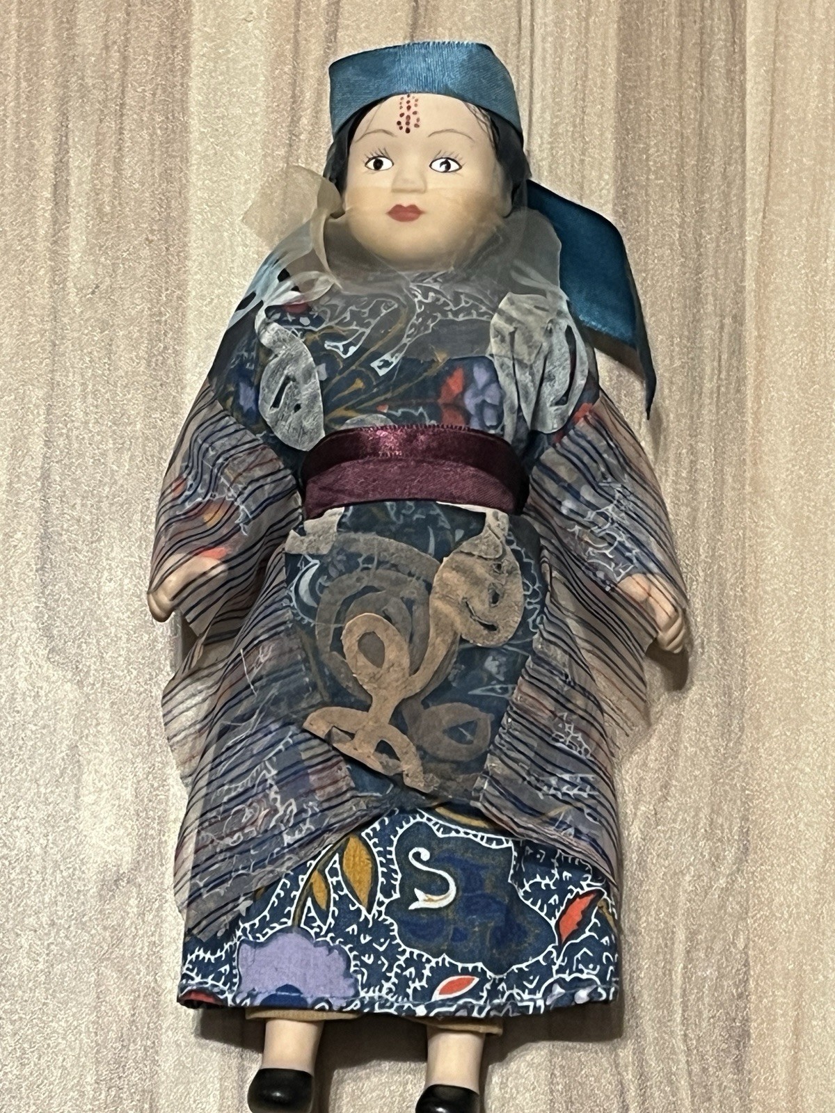 Handcrafted Doll with Blue and Red Outfit and Blue Dress