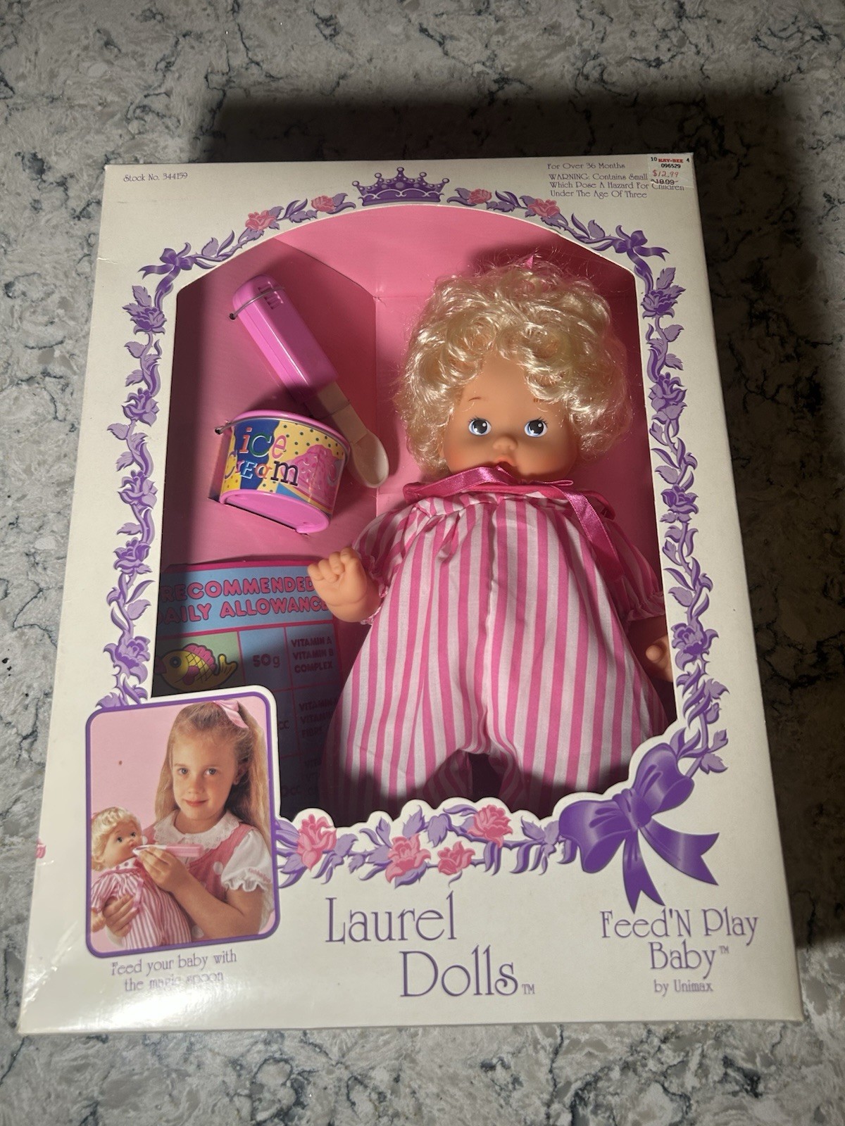Feed’N Play Baby Doll Unimax Laurel Dolls Blonde Icecream Spoon 1994 Toy NEW