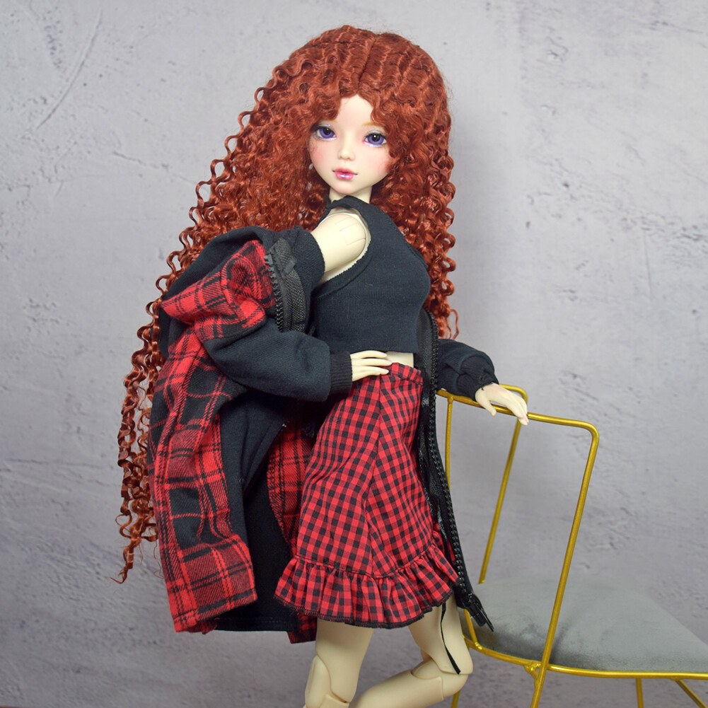 1/3 BJD Doll Toy Long Curly Dark Orange Wigs Full Set Doll Finished Realistic