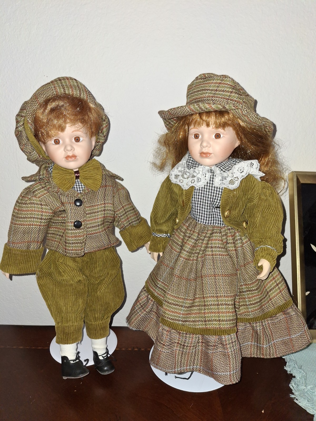 Vintage Porcelain Dolls Boy Girl Matching Twins Pair Dress Overalls Multicolor