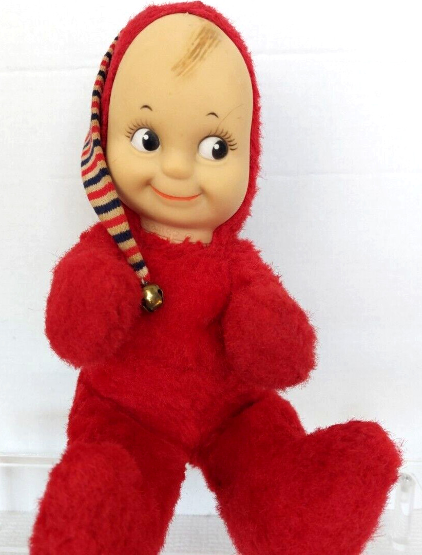 Vintage Cameo Kewpie Rubber Vinyl Face Plush Doll Googly Eyes Nightcap Bell Red
