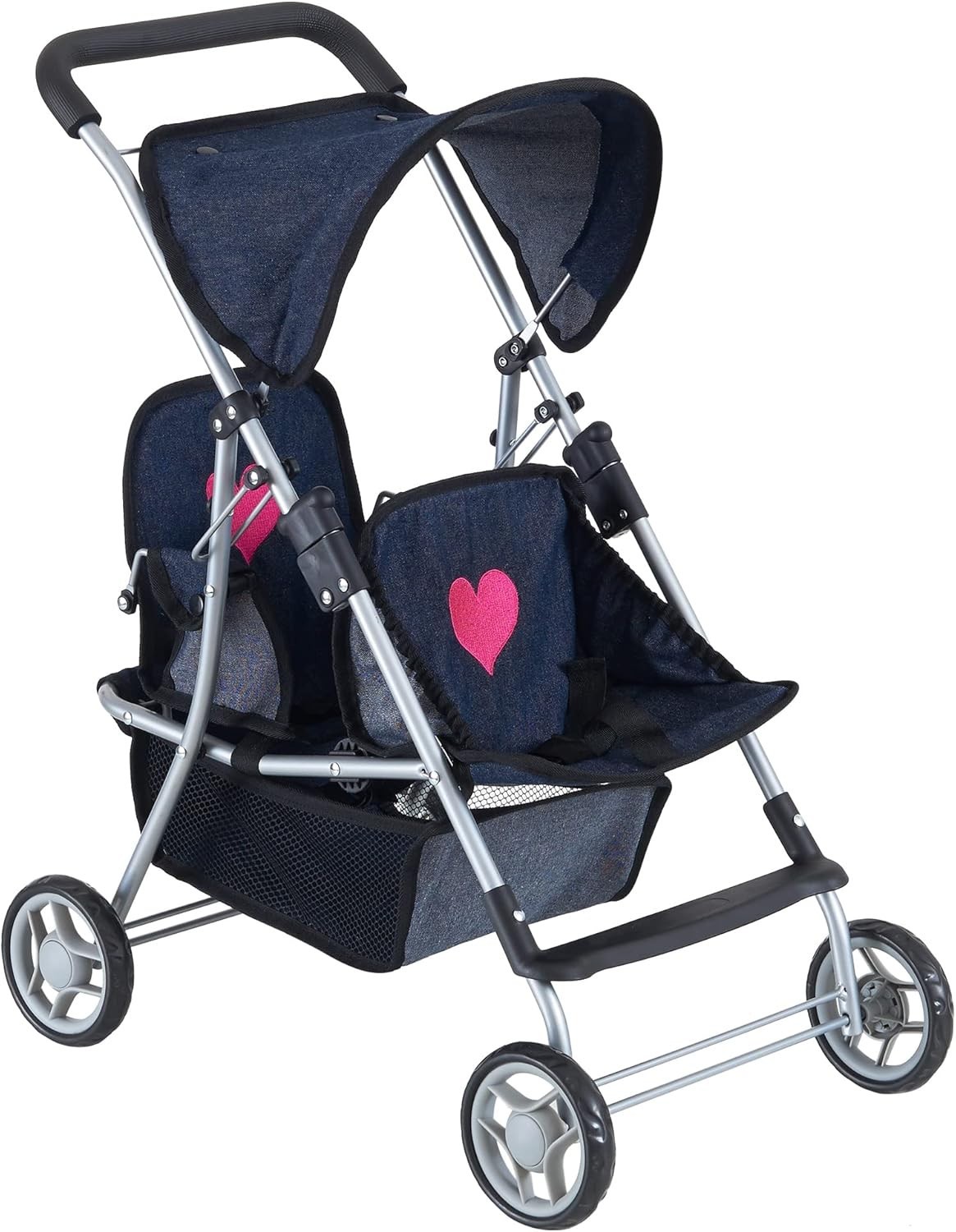 First Twin Stroller in Denim Blue with Pink Hearts – Perfect Gift for Toddlers