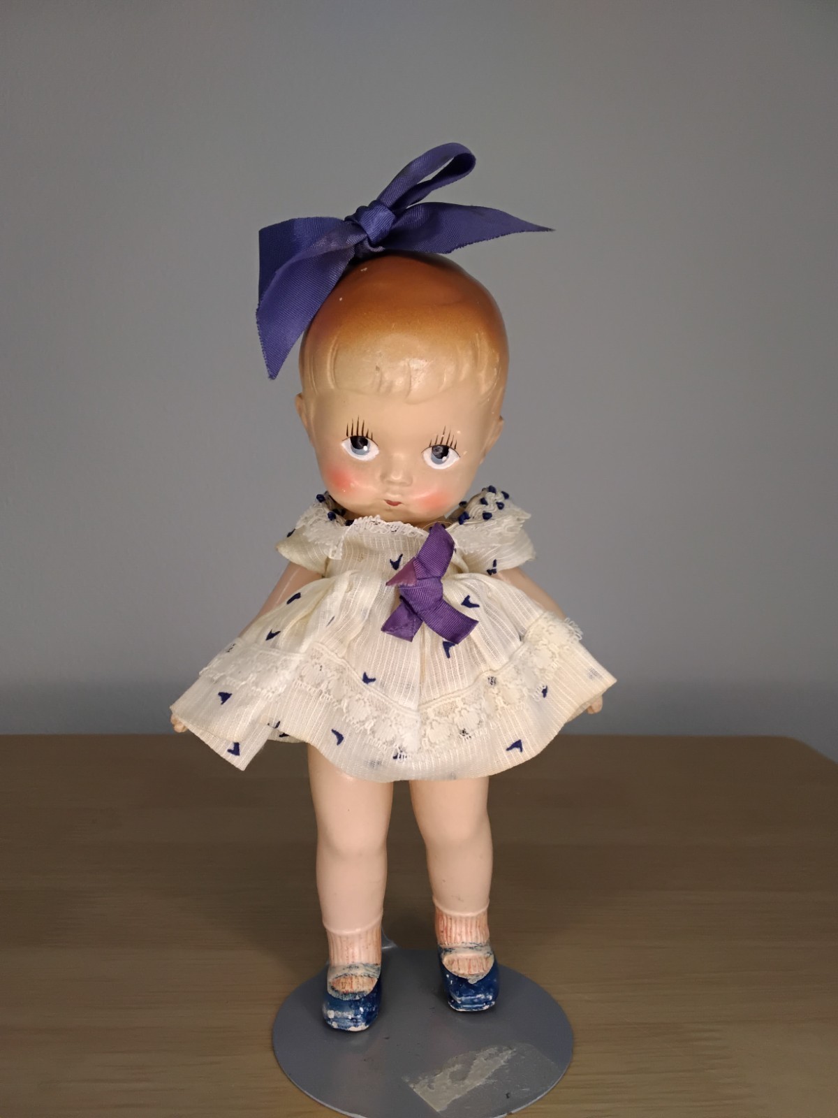 German 7 1/2 ” All Bisque Doll, Molded Hair Socks & Shoes, Painted Big Eyes