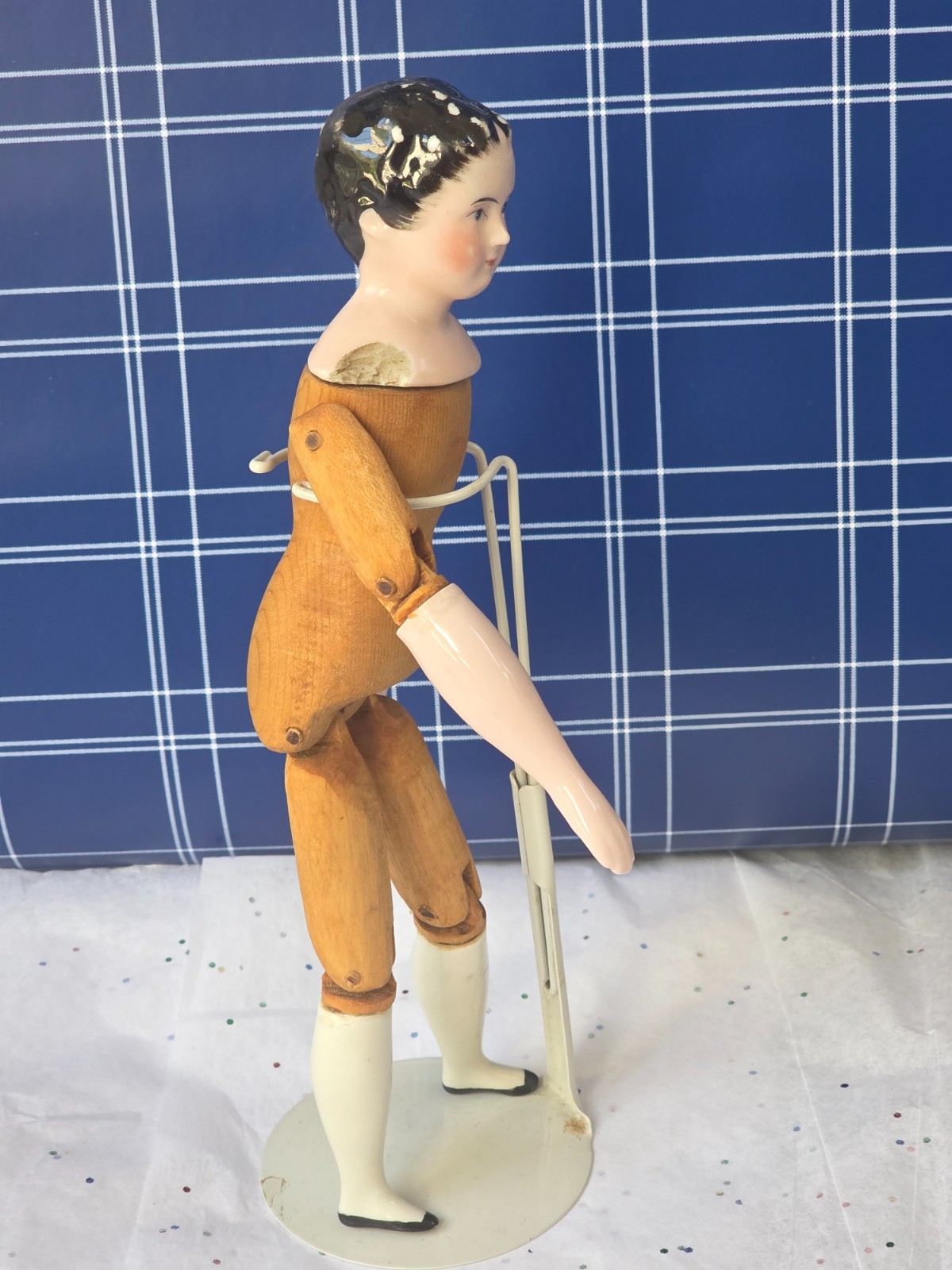 Antique German China head doll 9″5/8 tall wooden doll
