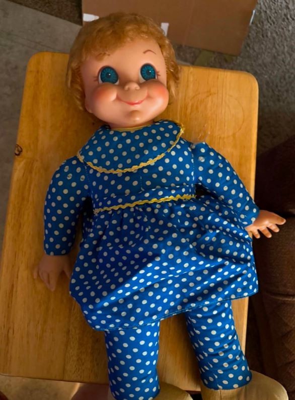 Mattel Mrs. Beasley Doll 1967 Family Affair Soft Body Blue Polka Dot Outfit