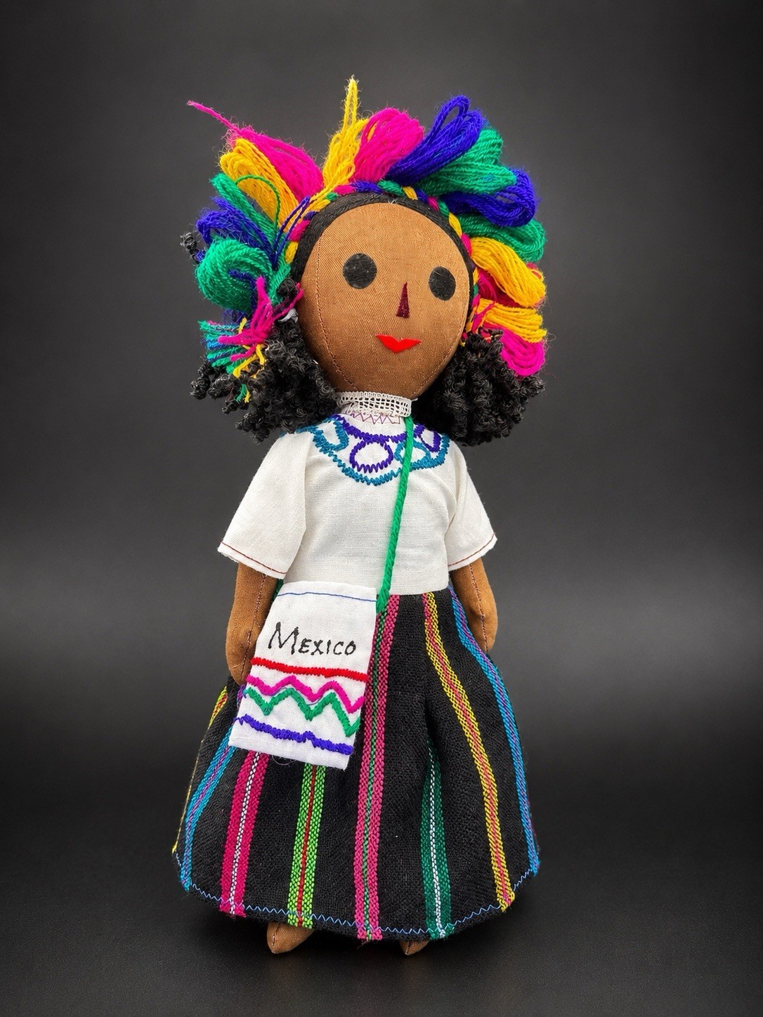 Vintage Handmade Mexican Folk Art Cloth Doll 12” Colorful Dress Souvenir