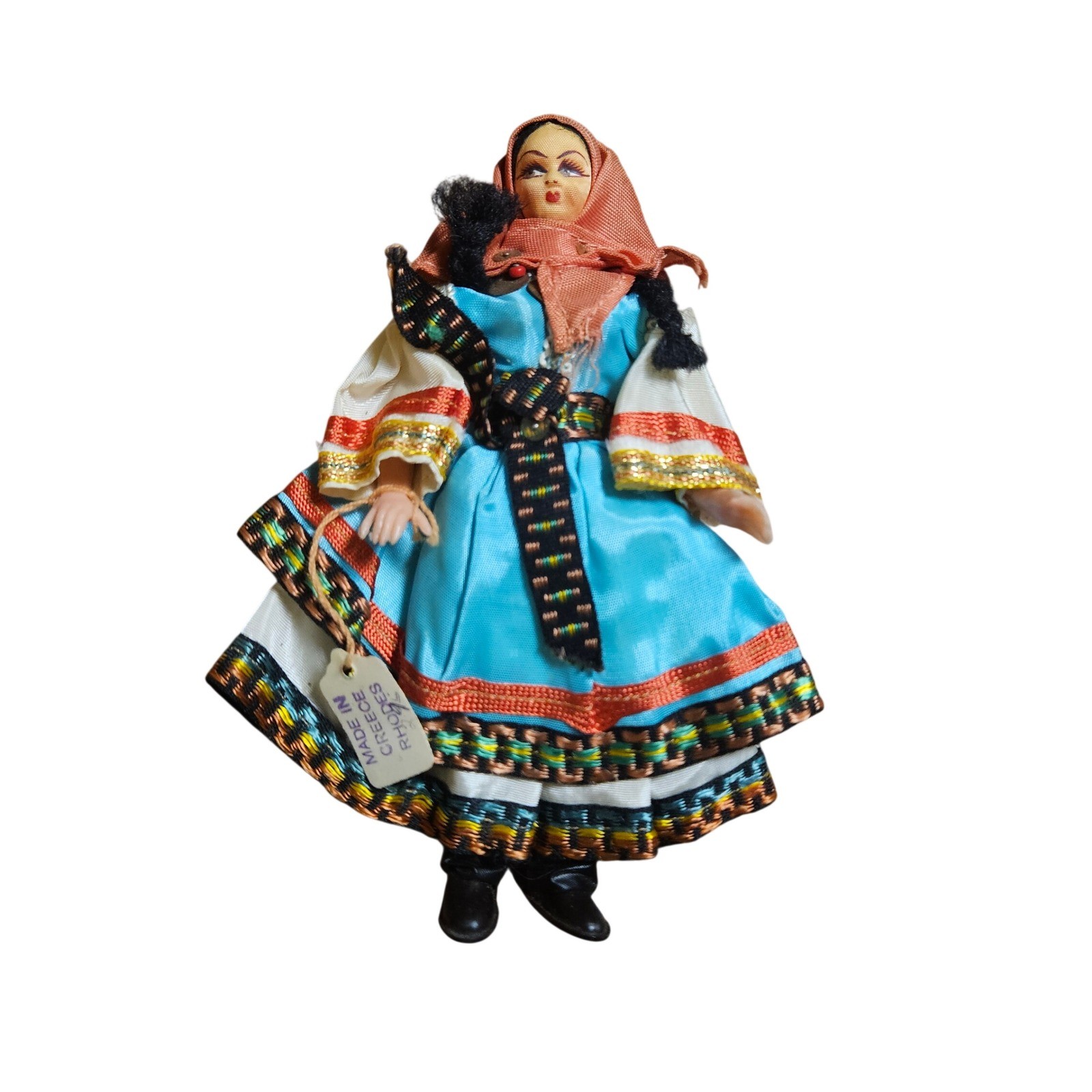 Vintage 70s 80s Greek Folk Art Doll 7″ Rhodes Souvenir Traditional Costume NWT