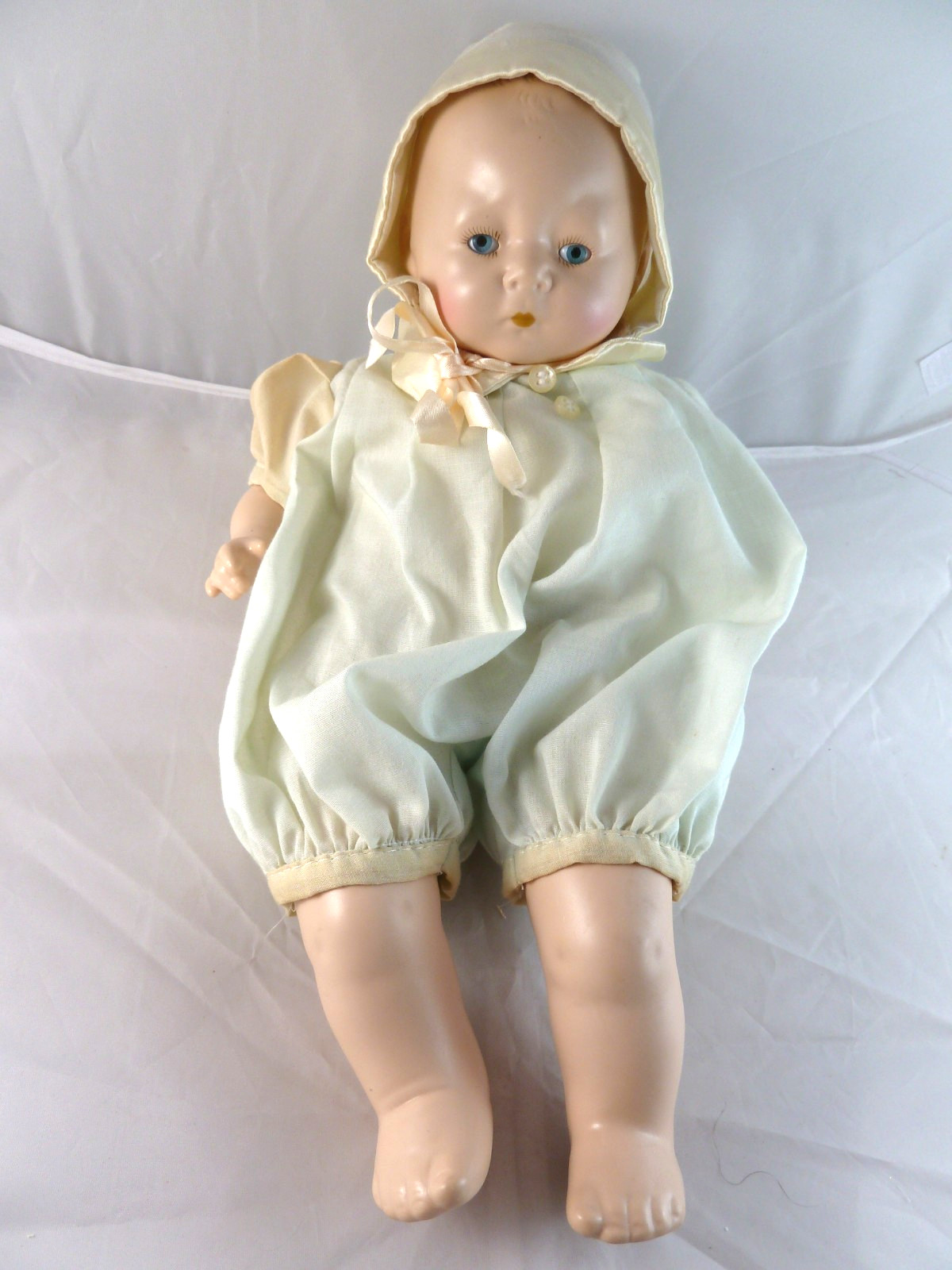 Horsman Reproduction Tynie Twin 13″ Doll in sleep eyes. Composition green rhomp