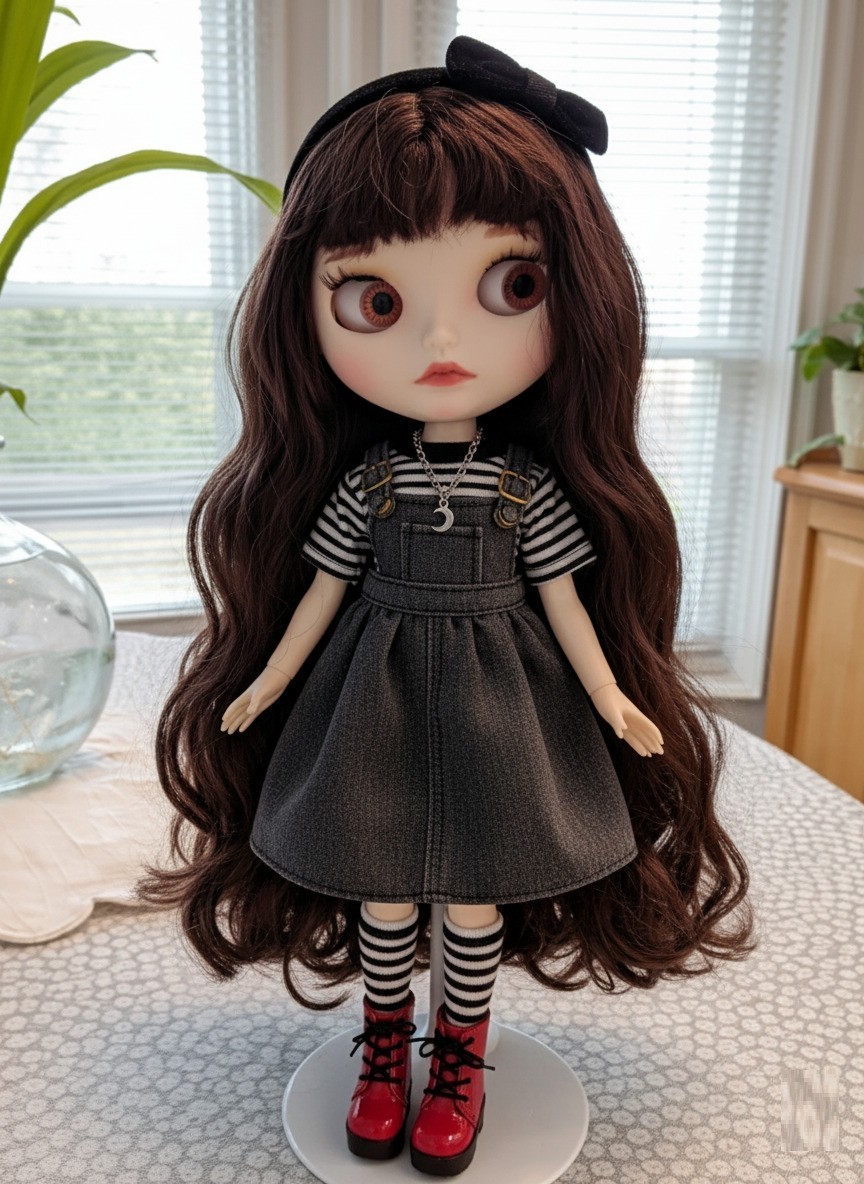 Neo Blythe Doll Black Hair Custom 12″ Matte Face BJD Carved Lips White Skin OOAK