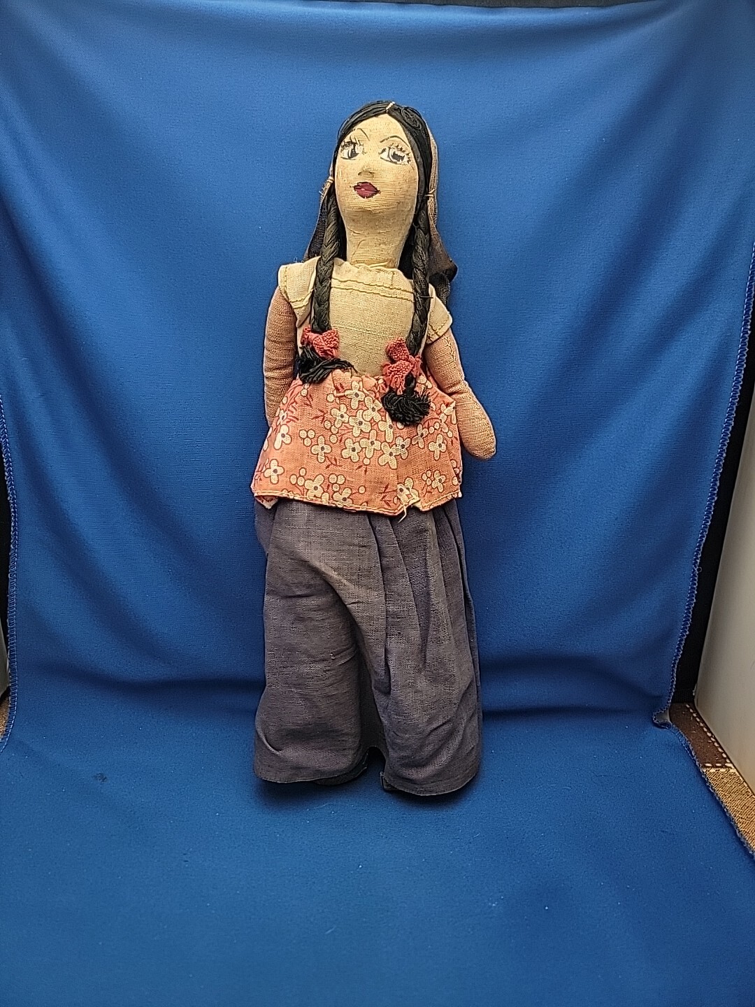Vintage Cloth Doll Hard Face 12.5” Tall Black Haired