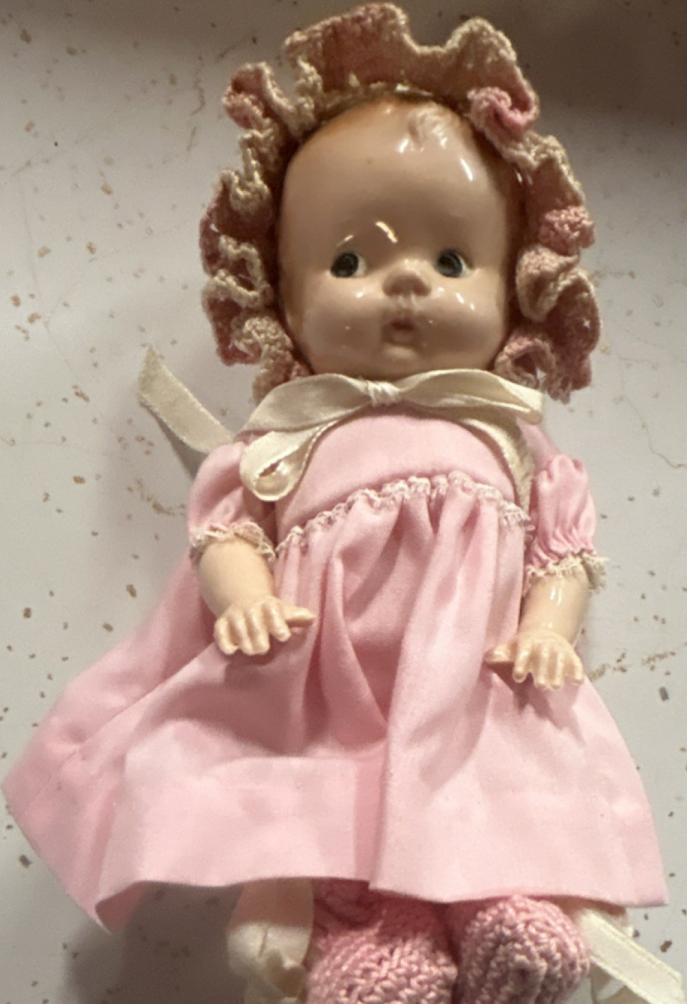 Baby Doll Blonde Wavy Hair Pink Dress Crochet Bonnet Booties Cloth Plastic