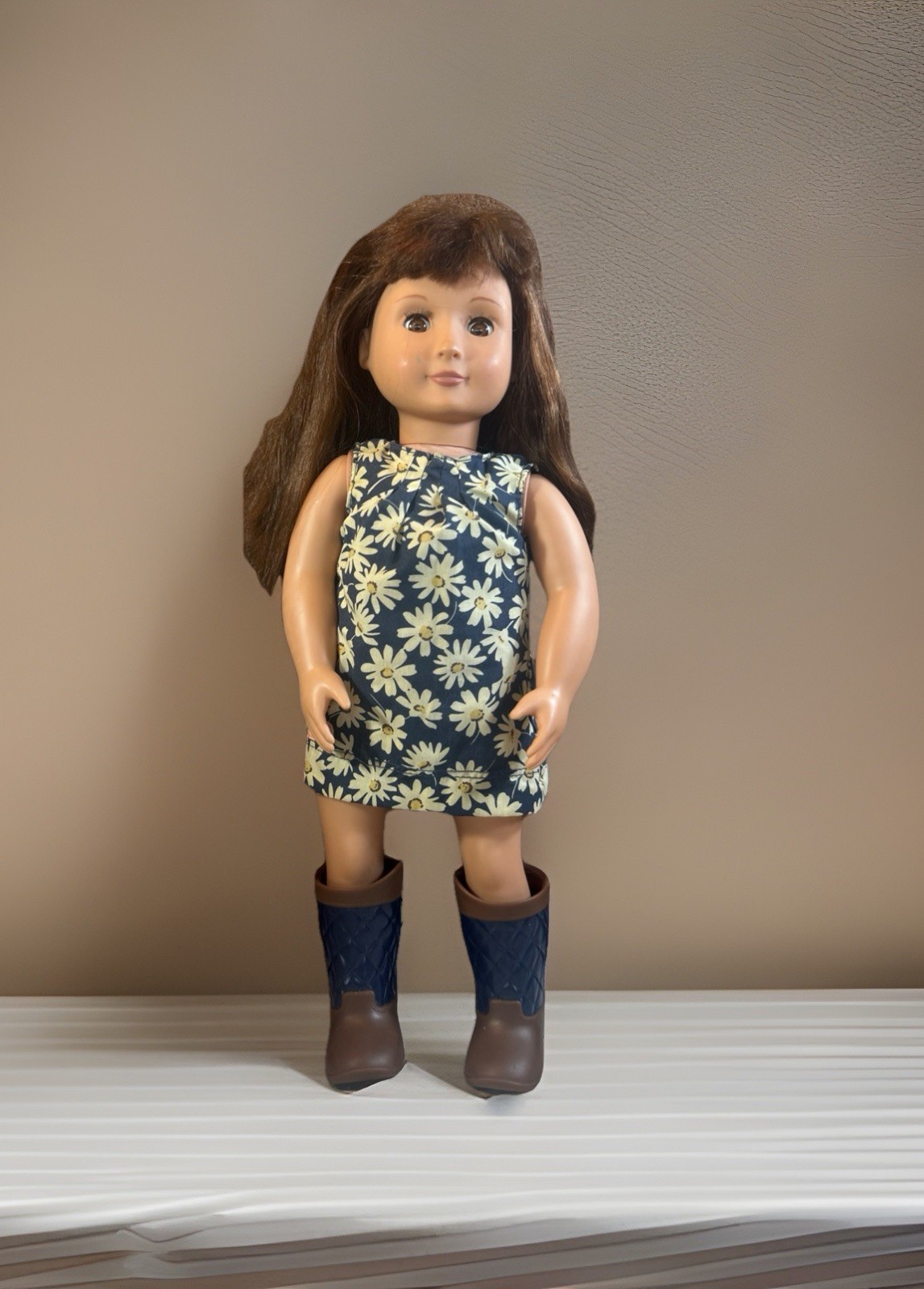 Our Generation 18” Doll Brown Hair & Eyes Blue Sunflower Dress And Rain Boots