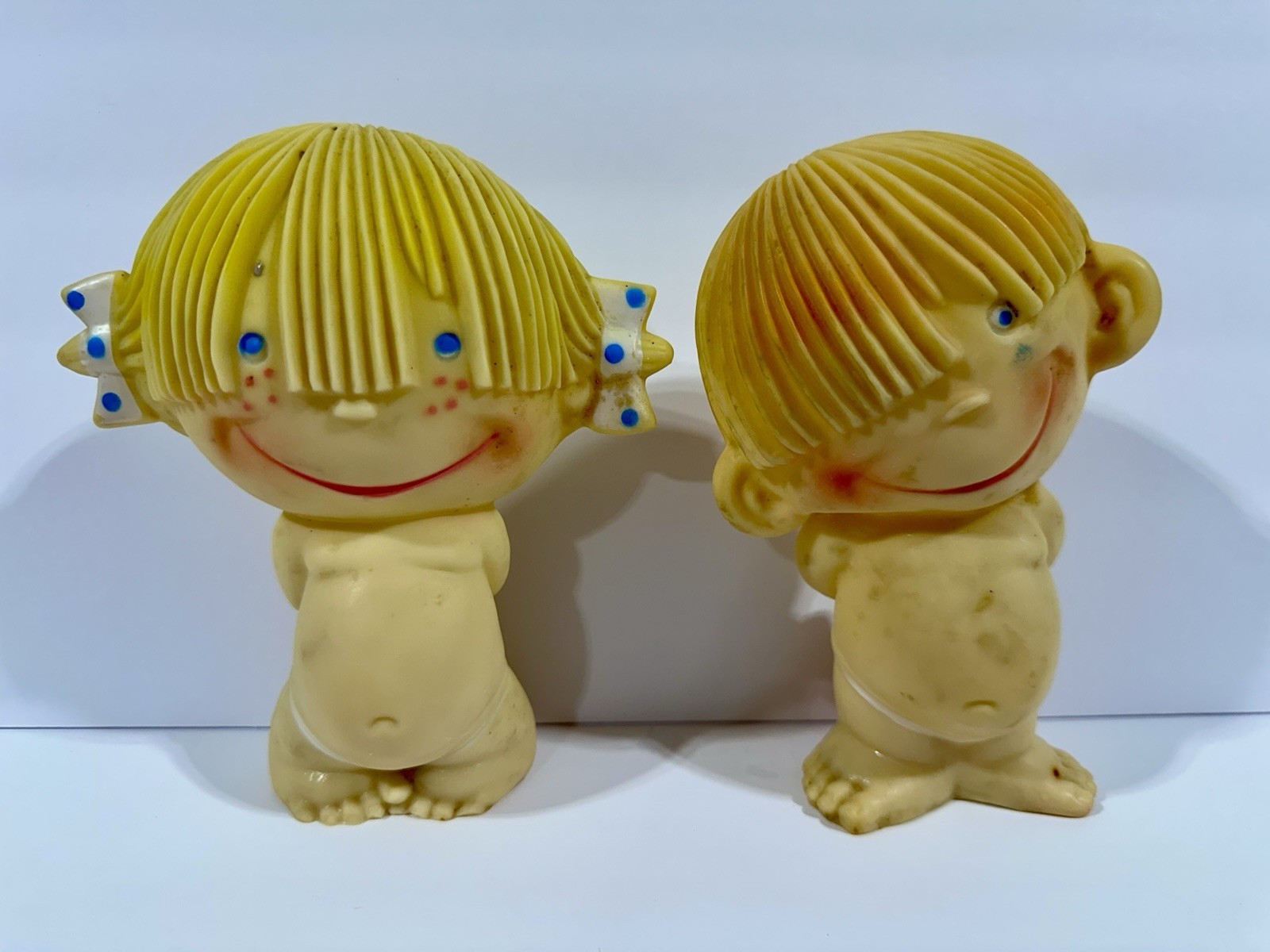 Vintage Rubber Squeak Toy Dolls (Boy w/red truck & Girl w/teddybear) Both Work