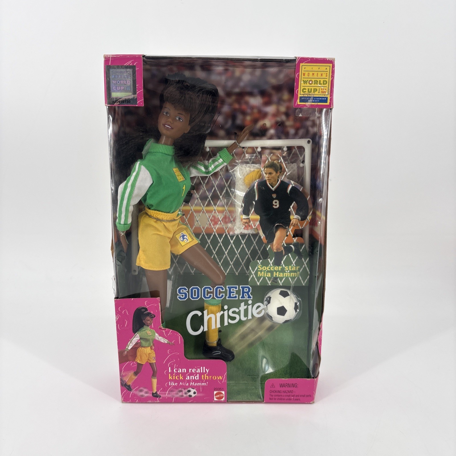 Soccer Christie Barbie Doll African American MPN 20351 New in Box, Worn Box
