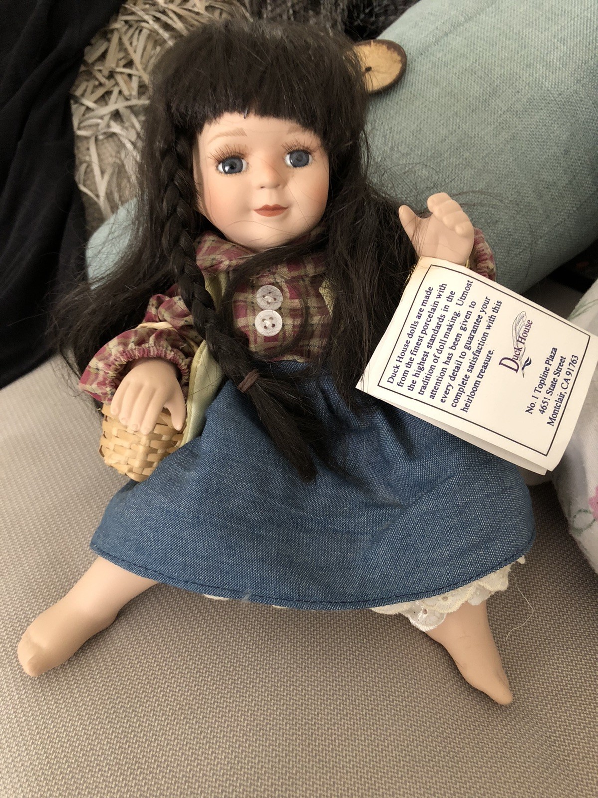 NWT Vintage Duck House Heirloom Doll Porcelain With Long Black Hair Blue Eyes