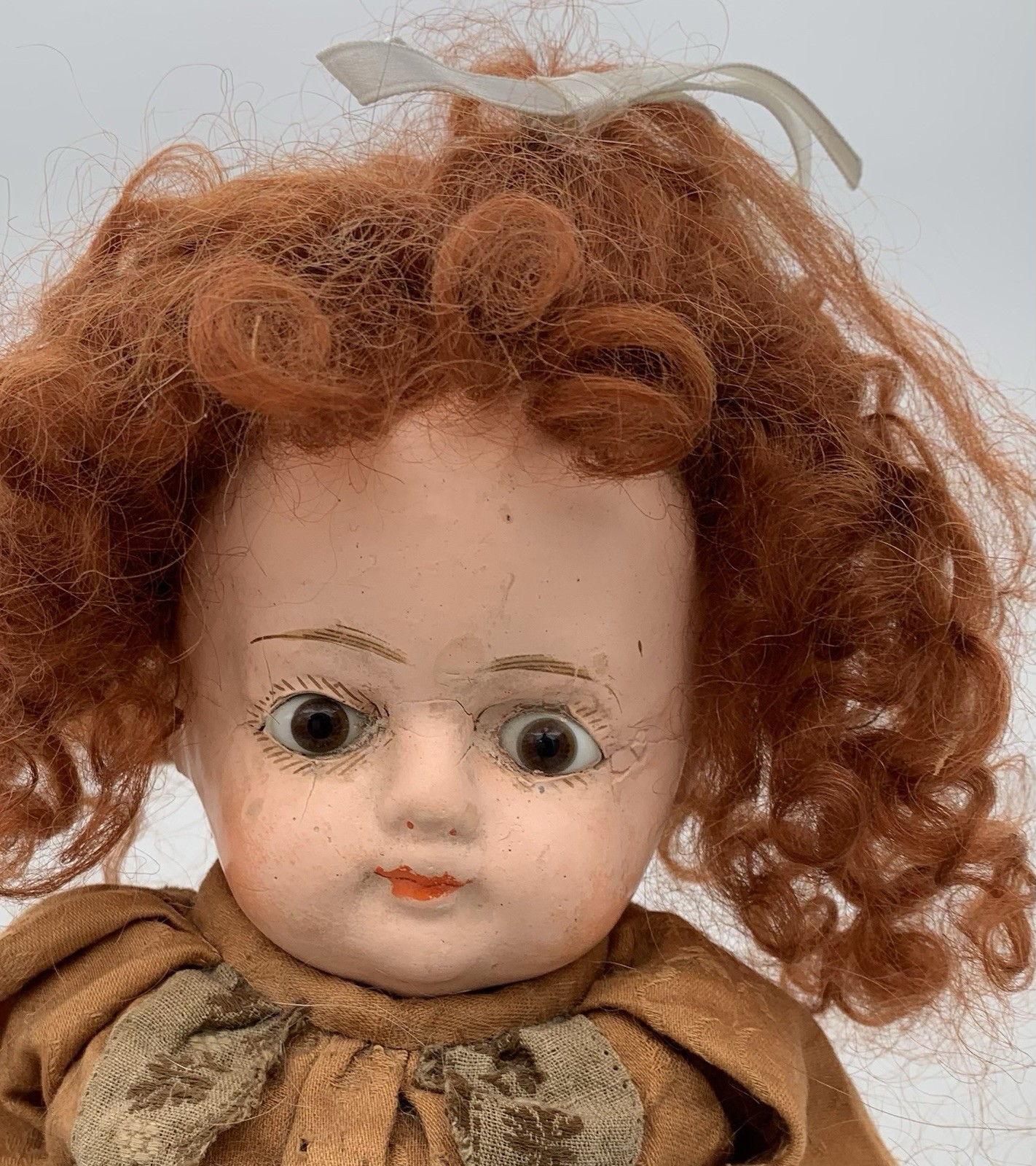 18” Antique Papier Mâché Doll Glass Eyes Cloth Body Red Mohair Wig