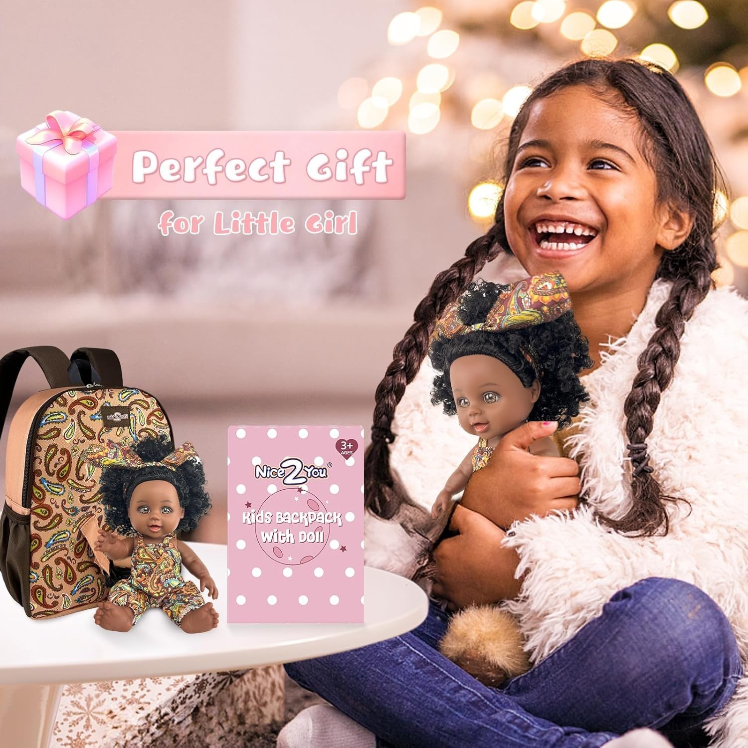 Black Baby Doll in Take Along Backpack Carrier, 10in American African Girl Do…
