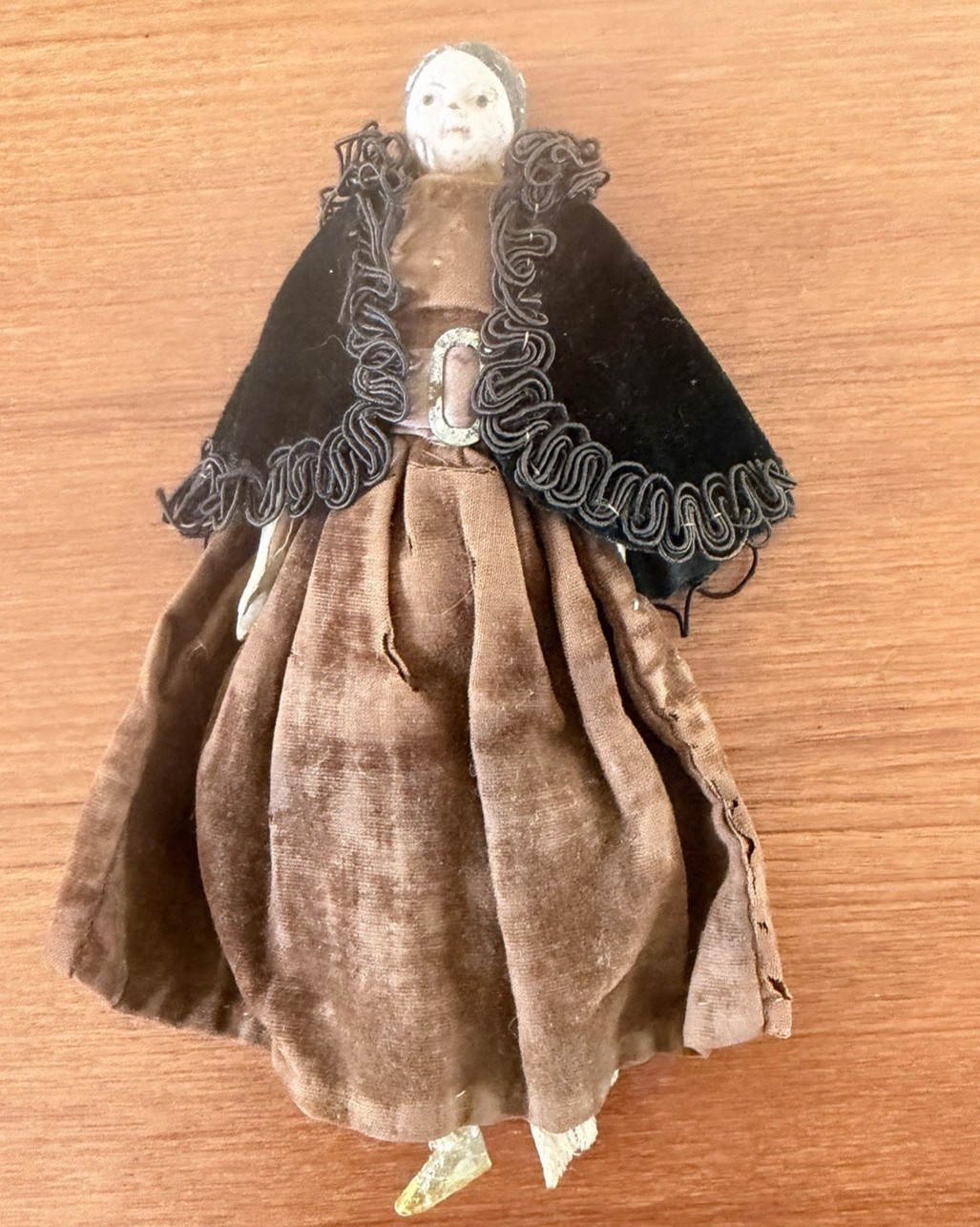 Antique 19th Century Paper Mache Milliners Model Doll w/cape -left leg missing