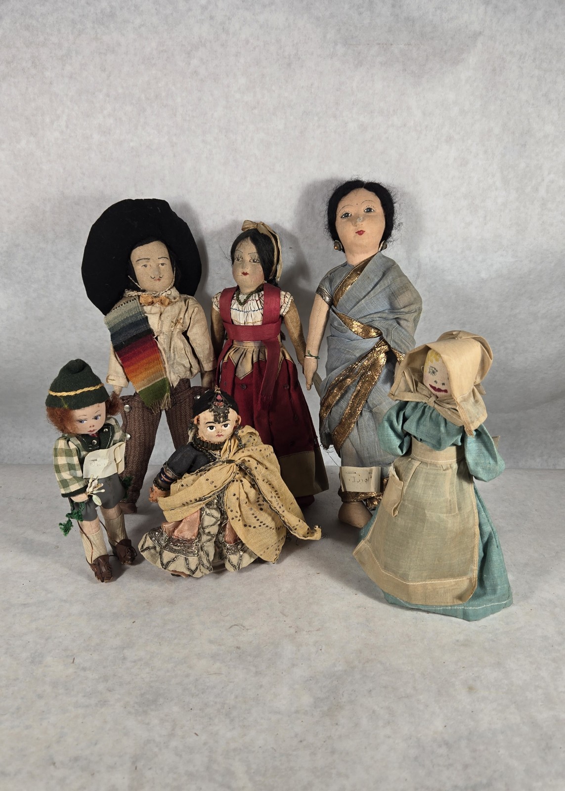 Antique Handmade Cloth Doll Drawn Face World Souvenir Vintage Lot 6 SEE PHOTOS