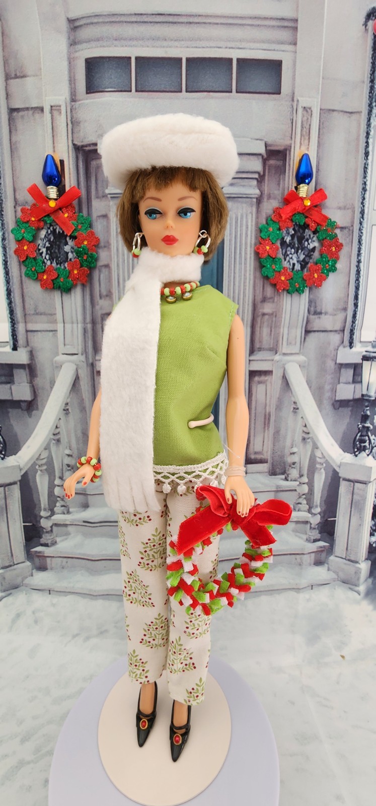 HANDMADE FOR BARBIE DOLL CHRISTMAS TREE PRINT PANTS SET