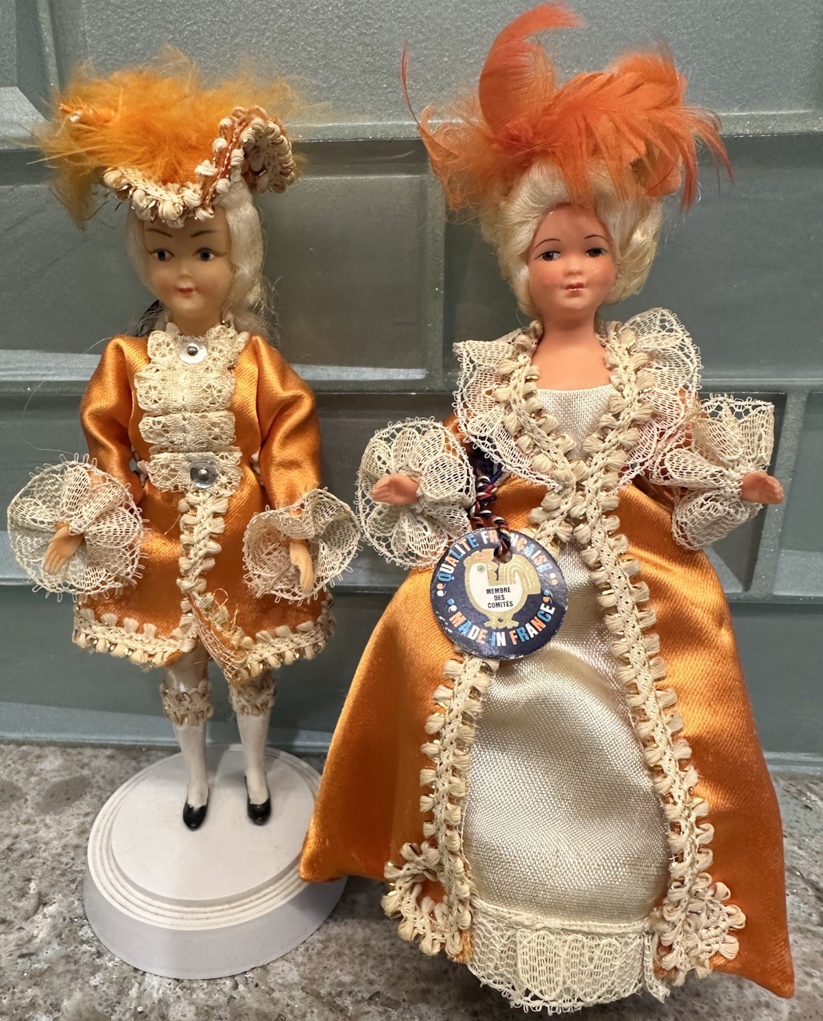 Rare Vtg 60’s Pair 6”French Dolls Tagged Historical Dress Souvenir Collectibles