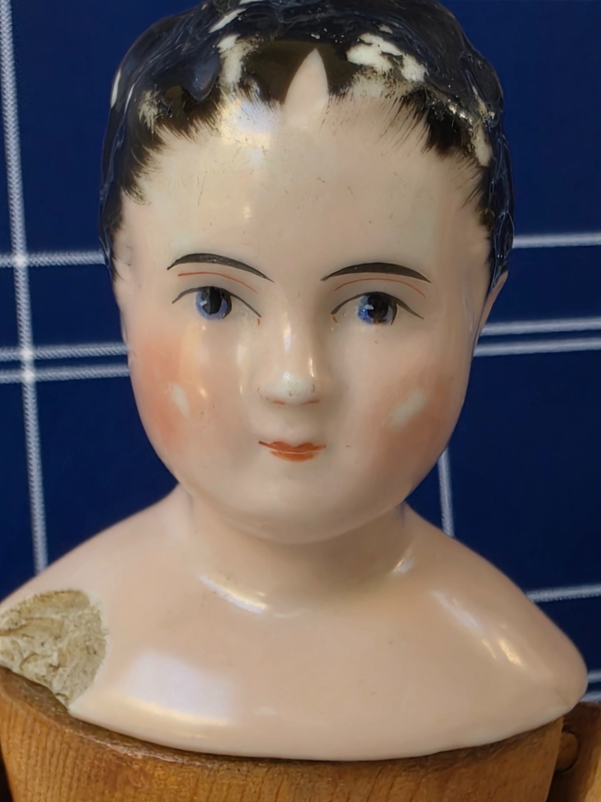 Antique German China head doll 9″5/8 tall wooden doll