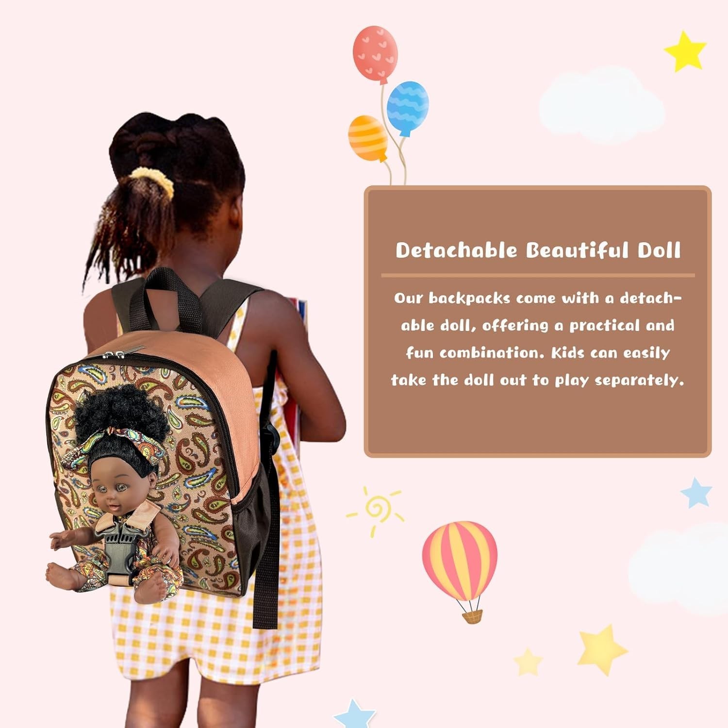 Black Baby Doll in Take Along Backpack Carrier, 10in American African Girl Do…