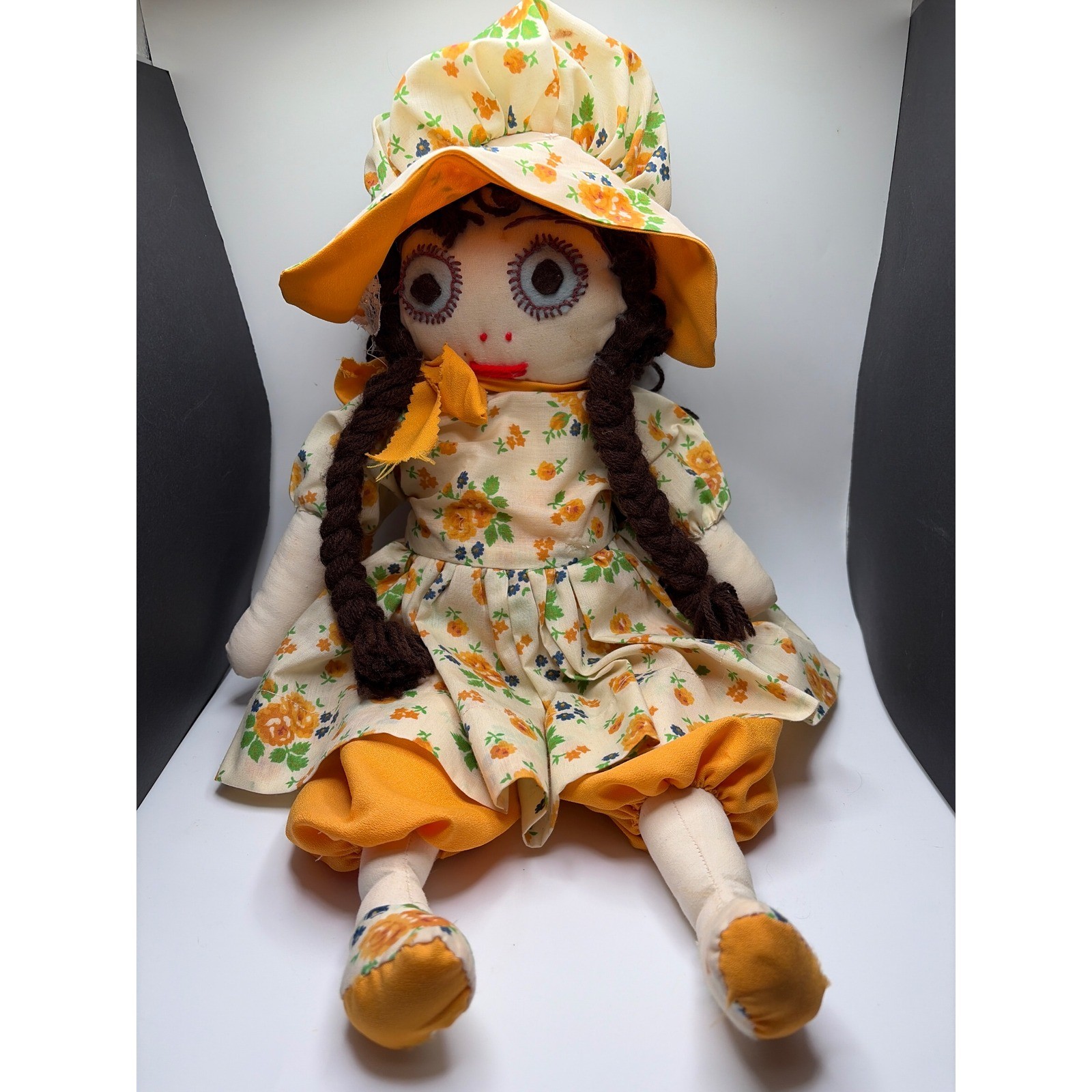 Vintage Handmade Fabric Doll Floral Prairie Dress Bonnet Blue Eyes Yarn Hair