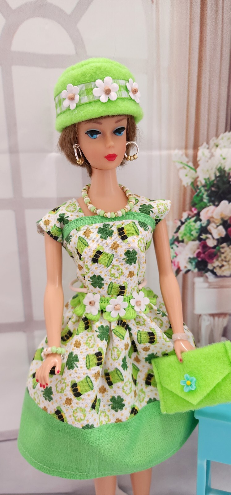HANDMADE FOR BARBIE DOLL ST PATRICK’S DAY PRINT DRESS FASHION SET WITH GNOME #2