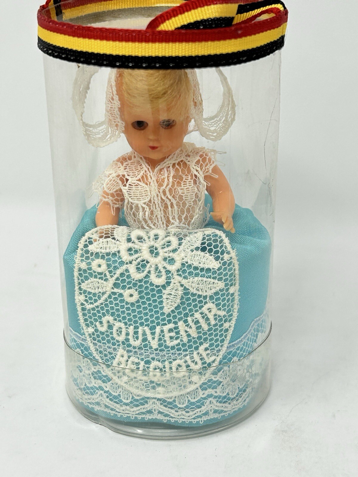 Souvenir Belgique Girl Doll 3.5 in Blonde hair Blue eyes White lace dress & hat