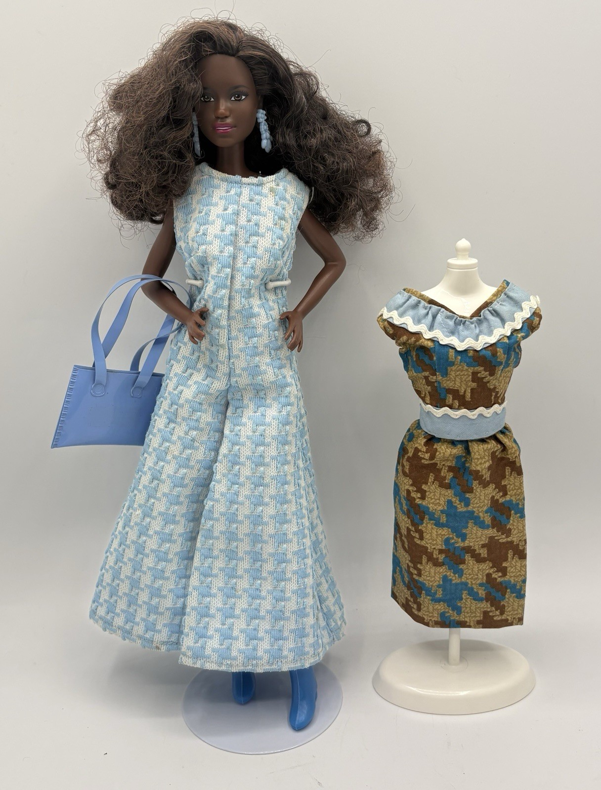 Barbie Fashionista #20 in Vintage 1960s Clone Tweed Blue & White Flare Jumpsuit