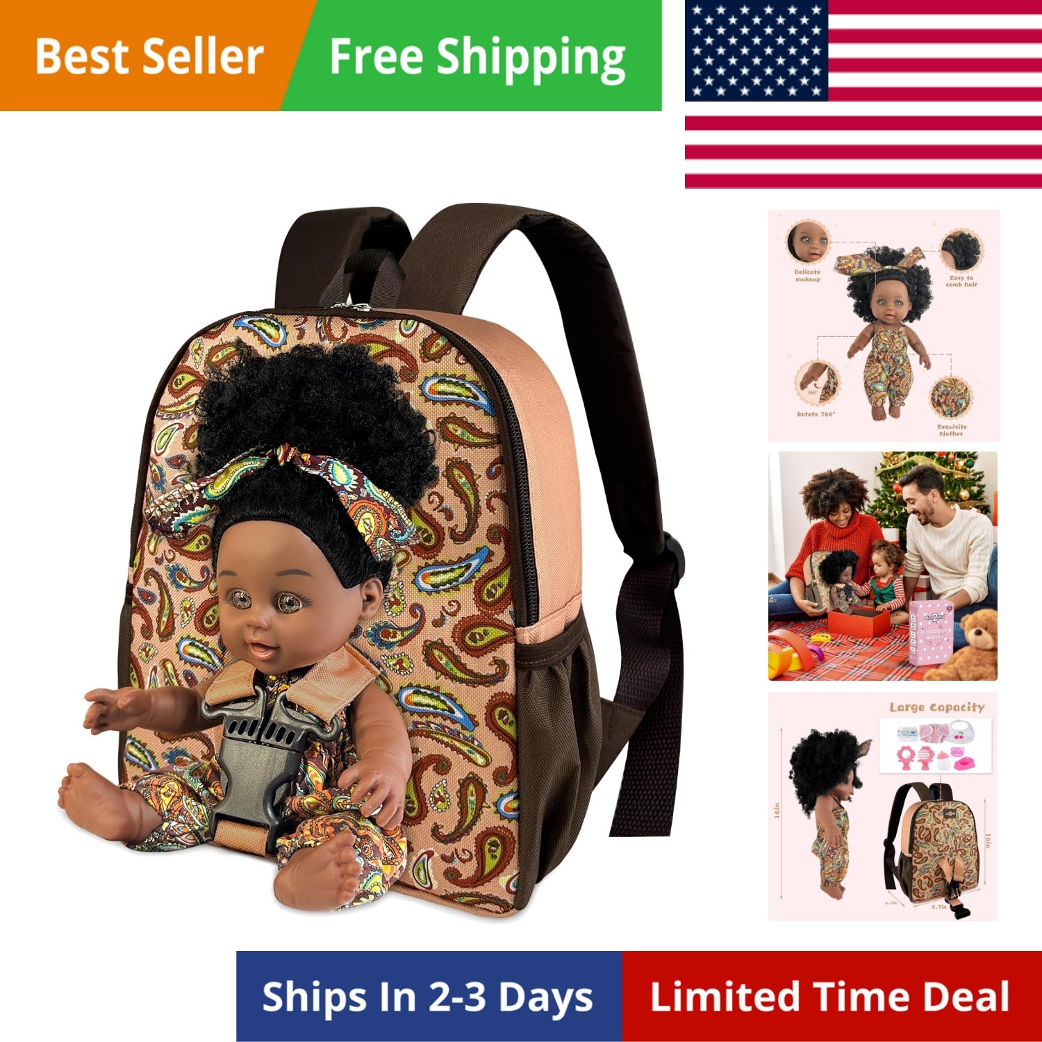 Black Baby Doll in Take Along Backpack Carrier, 10in American African Girl Do…