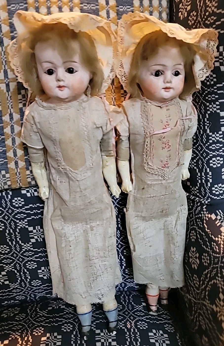 Dolls Twin Boy Girl Papier Mache 1800s RARE Pink Blue Stockings Orig Clothes 21″