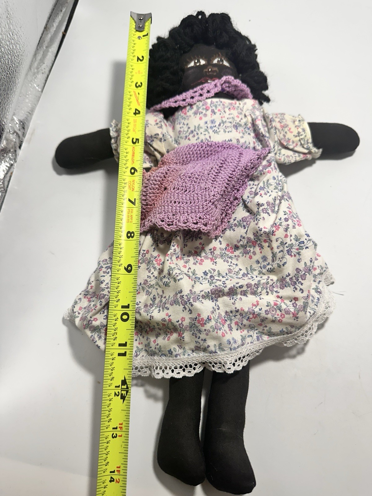 Vintage Handmade Black Cloth Rag Doll Yarn Hair Floral Dress Folk Art