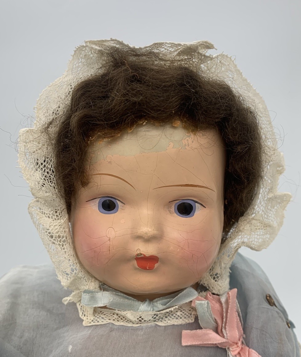 Vintage 20” Unmarked Composition Toddler Doll Cloth Body Blue Dress