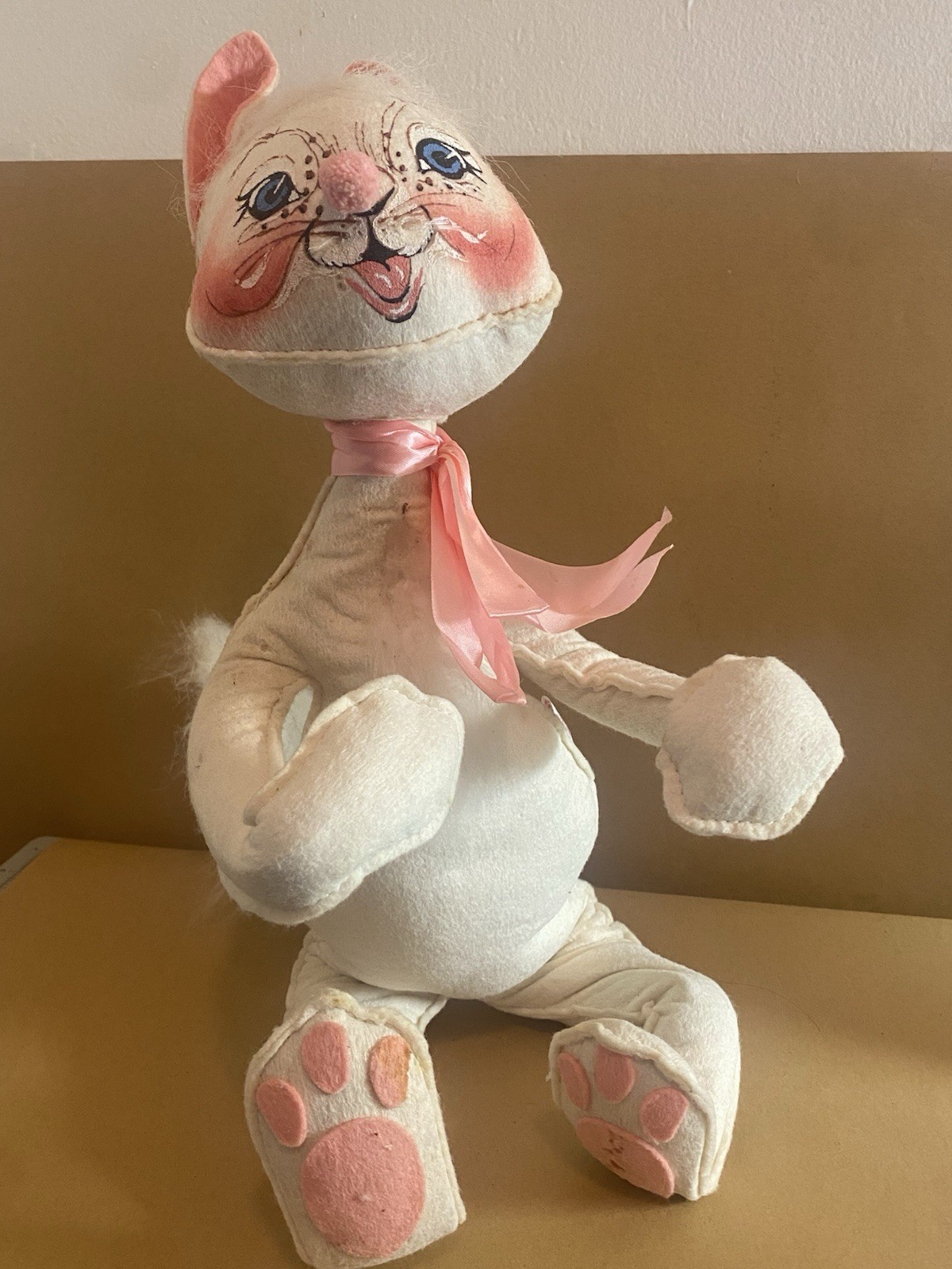 1981 Annalee Mobilitee Easter Bunny Rabbit Doll Plush Pink Ribbon Vintage Toy