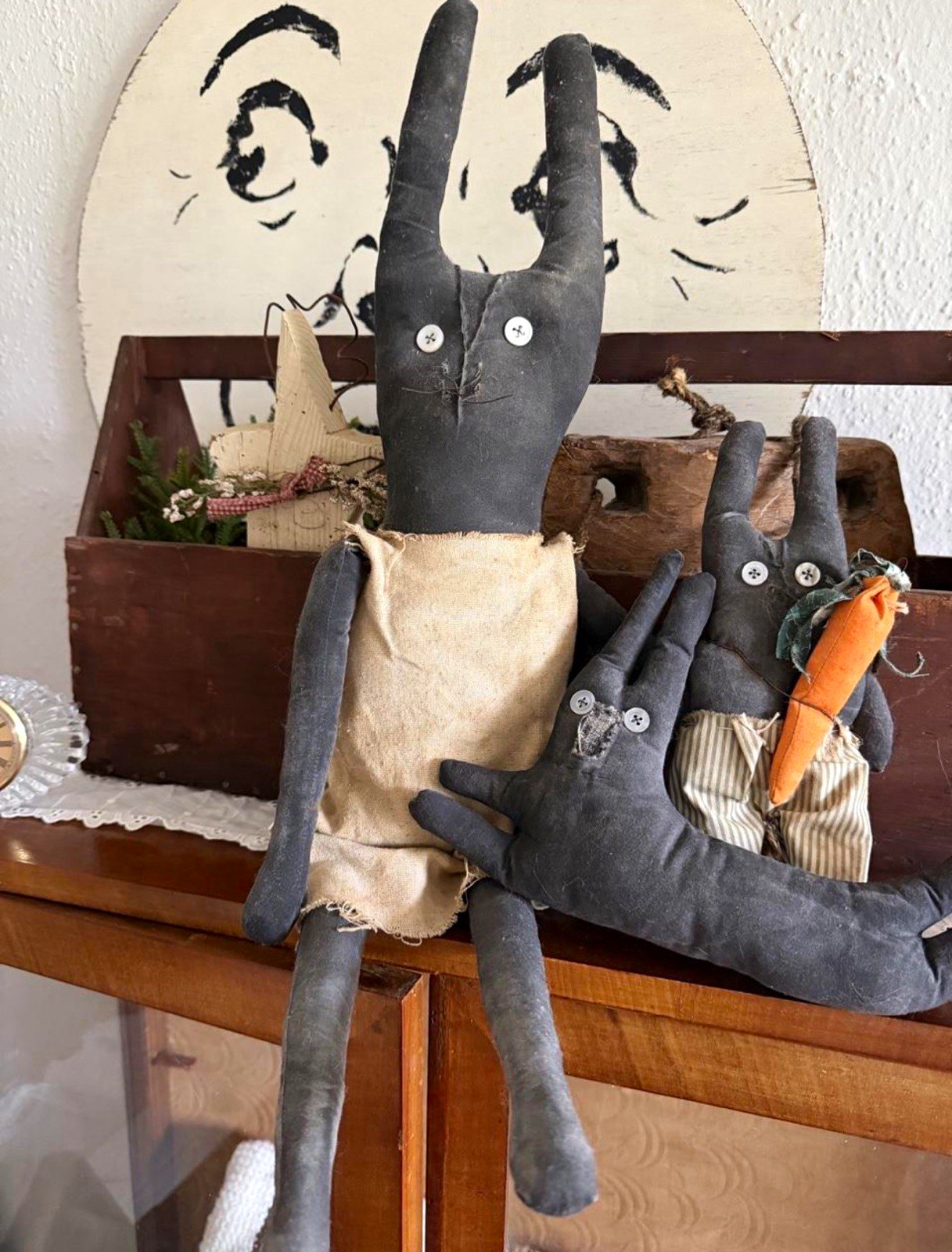 Handmade Primitive Cloth Bunny Rabbit Dolls Lot of 3 21 in Carrot