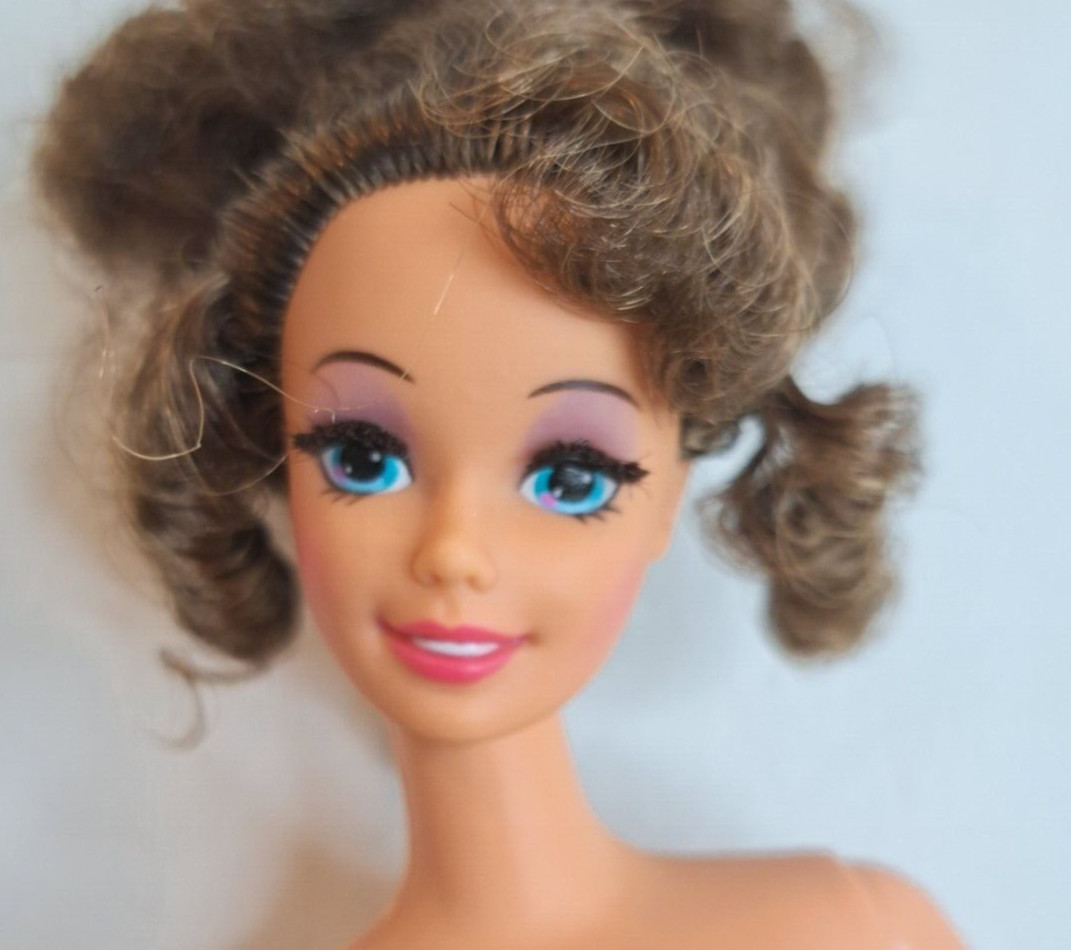 Nude Brunette Curly Updo Barbie Doll Rooted Lashes DeBox4 OOAK