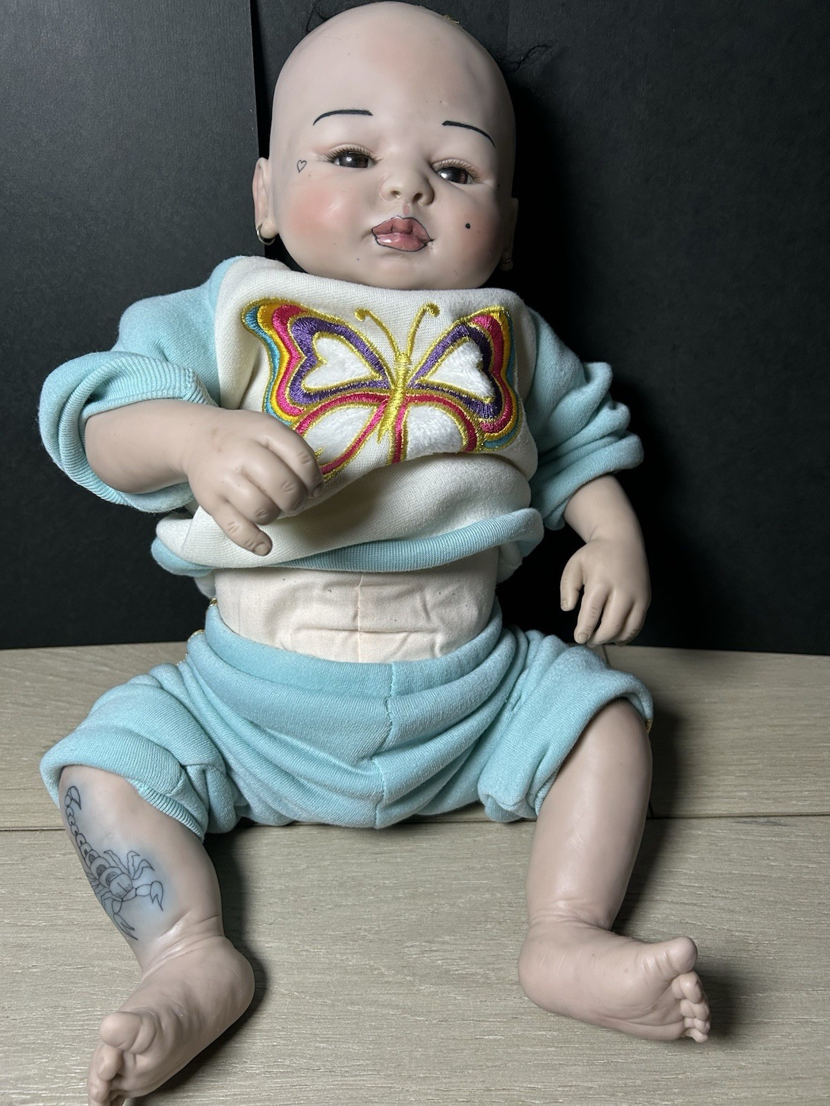 Soft Body Cloth Baby Doll, Light Complexion, Brown Eyes, No Hair, Outfit Hat