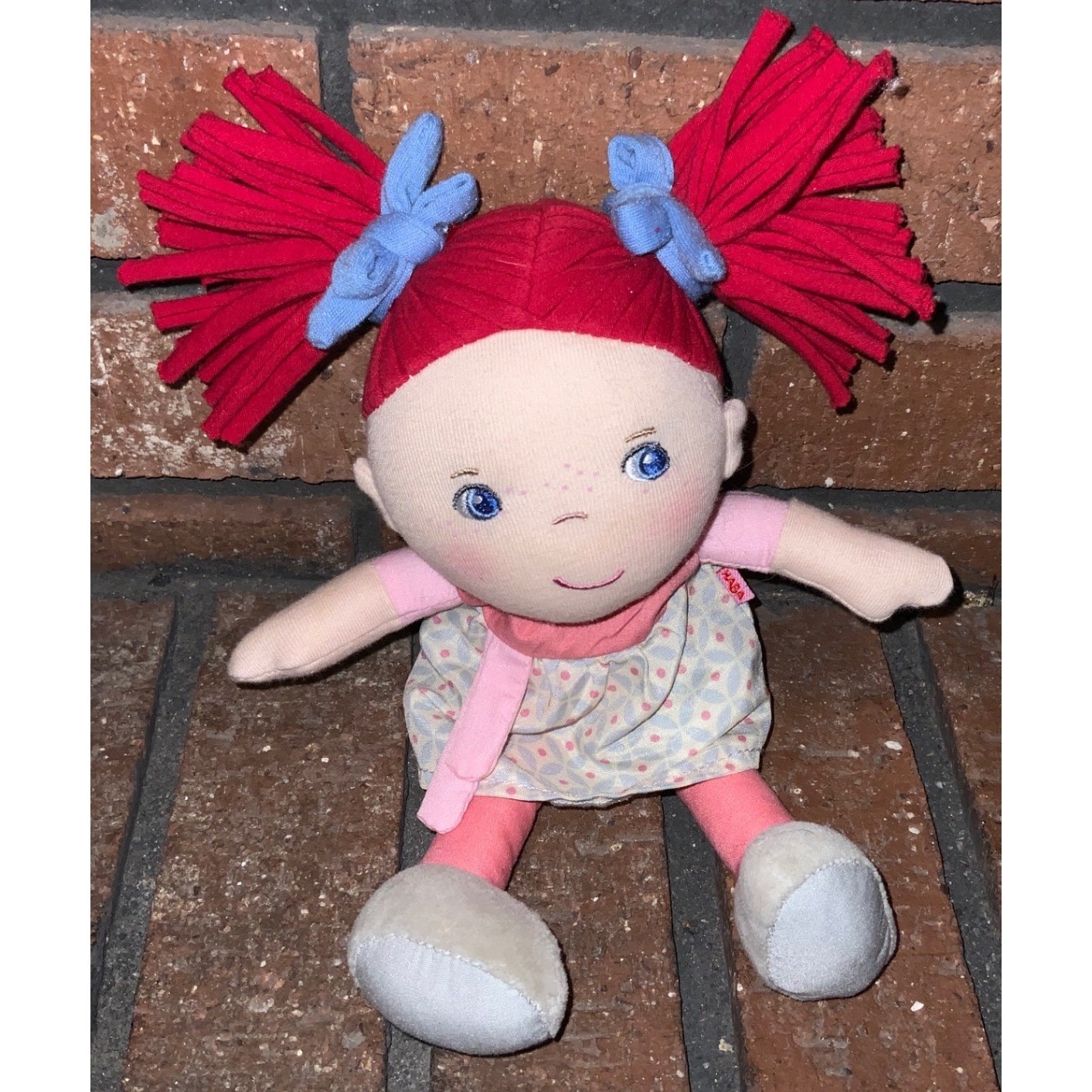 HABA Soft Fabric 9″ Rag Doll Red Hair Blue Eyes Floral Dress Plush Toy Pigtails