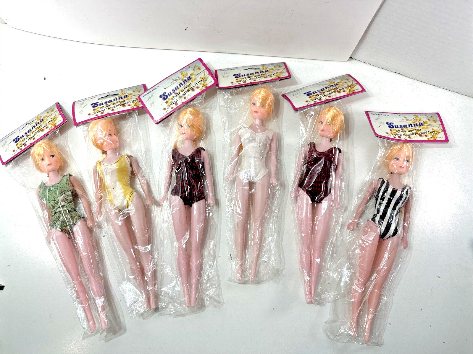 6x NEW OLD STOCK SEALED 1970s Susanna Plastic Fashion Doll Swimsuit 11″ CHINA #1