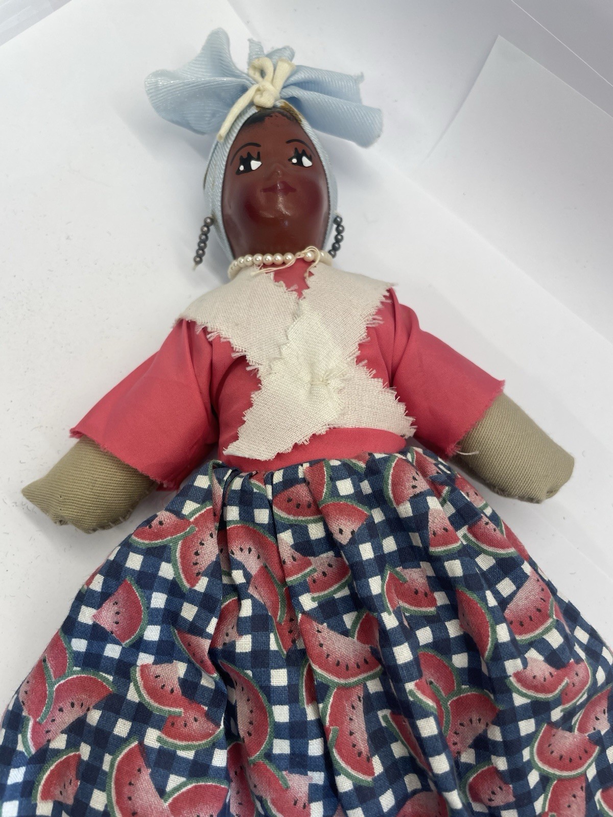 Vtg Black Americana Cloth & Plastic Woman Doll Skirt Slip Head Wrap Caribbean ?