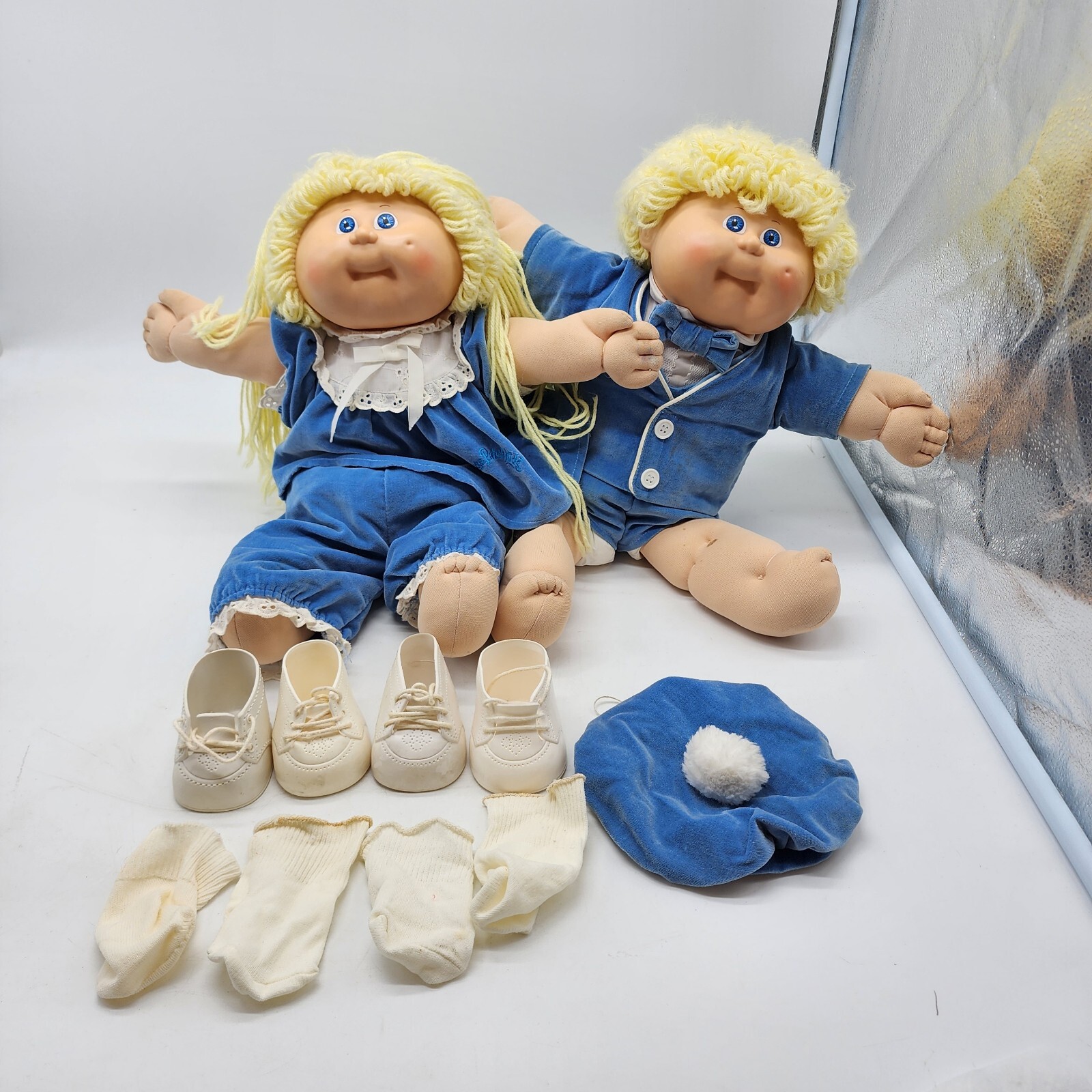 Cabbage Patch Kid Twins Girl & Boy Dark Blonde Hair Blue Eyes 1986 Xavier Shoes