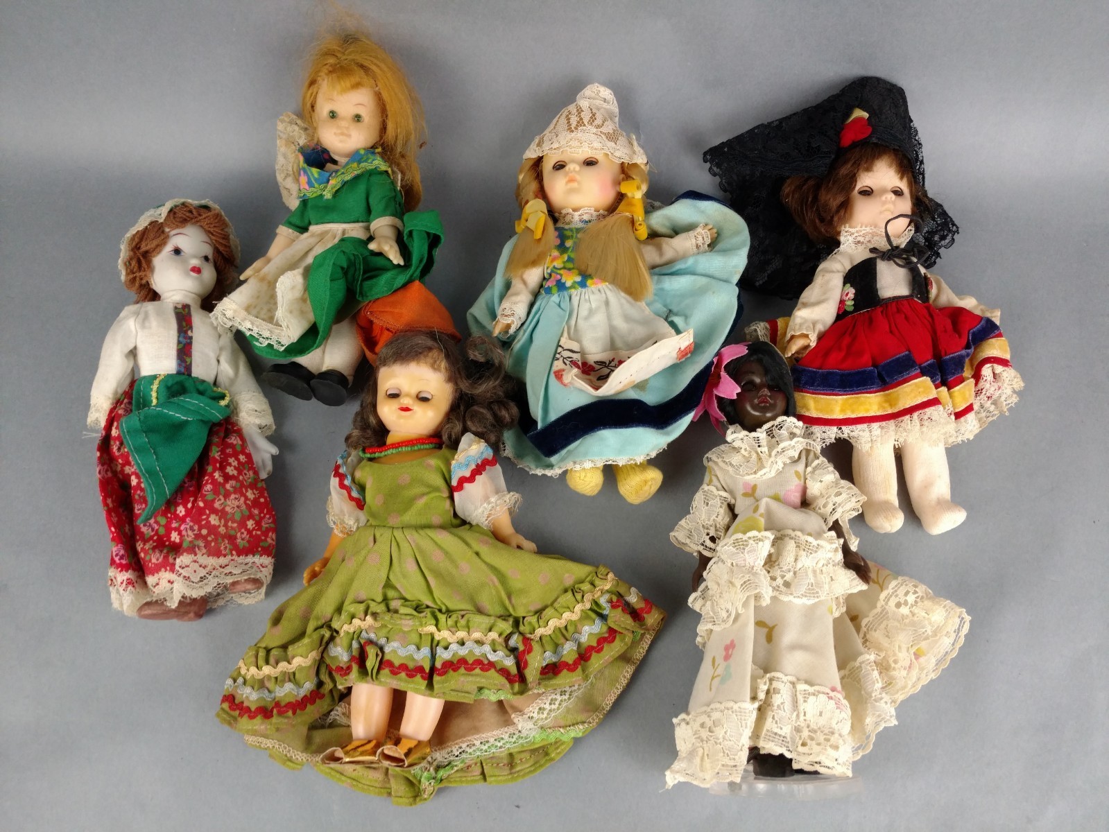 6 Vintage Dolls Various Ethnic European Country Cultural Themed Lot