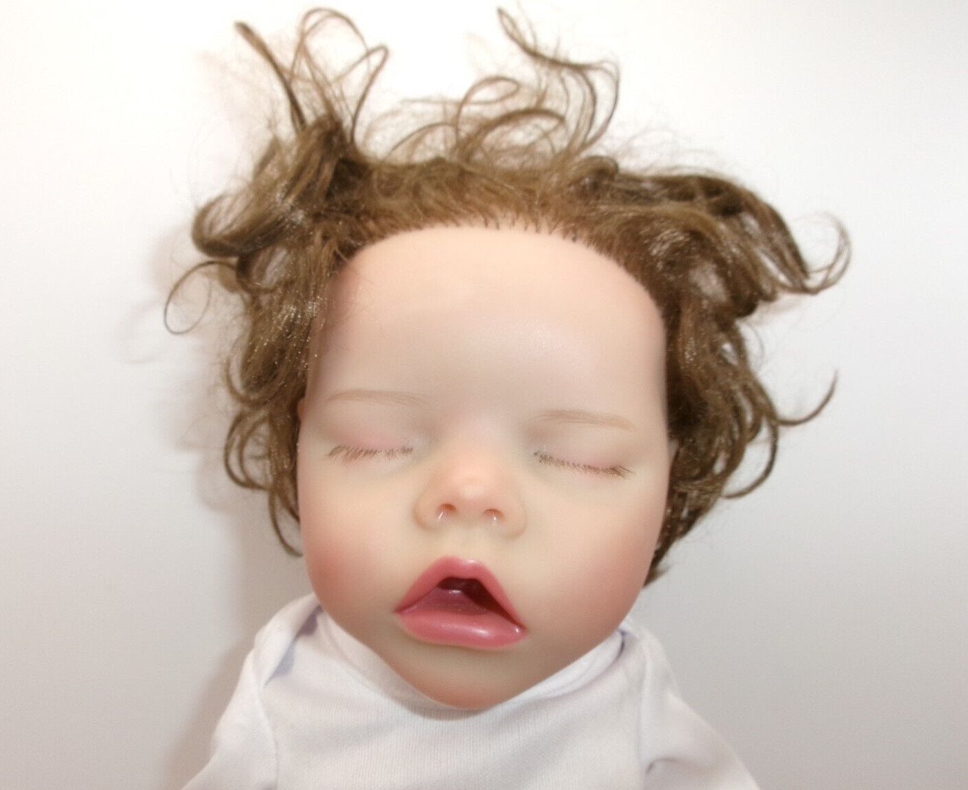Reborn Baby Doll Sleeping Brunette Curly Hair Eyelashes 12 inches