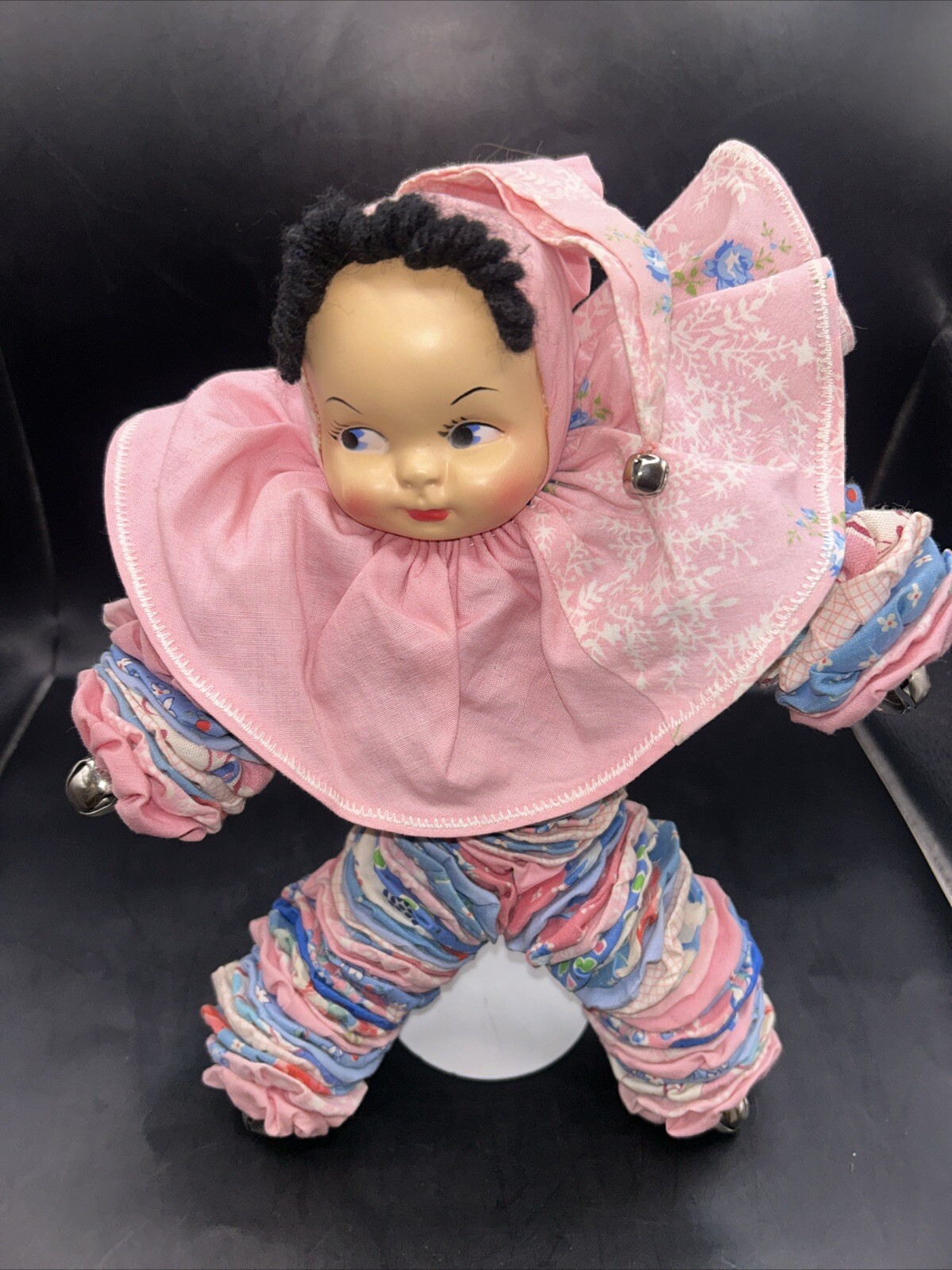 Vintage Yo-Yo Clown Pixie Elf Girl Doll Quilt Circles Fabric Plastic Face 10”